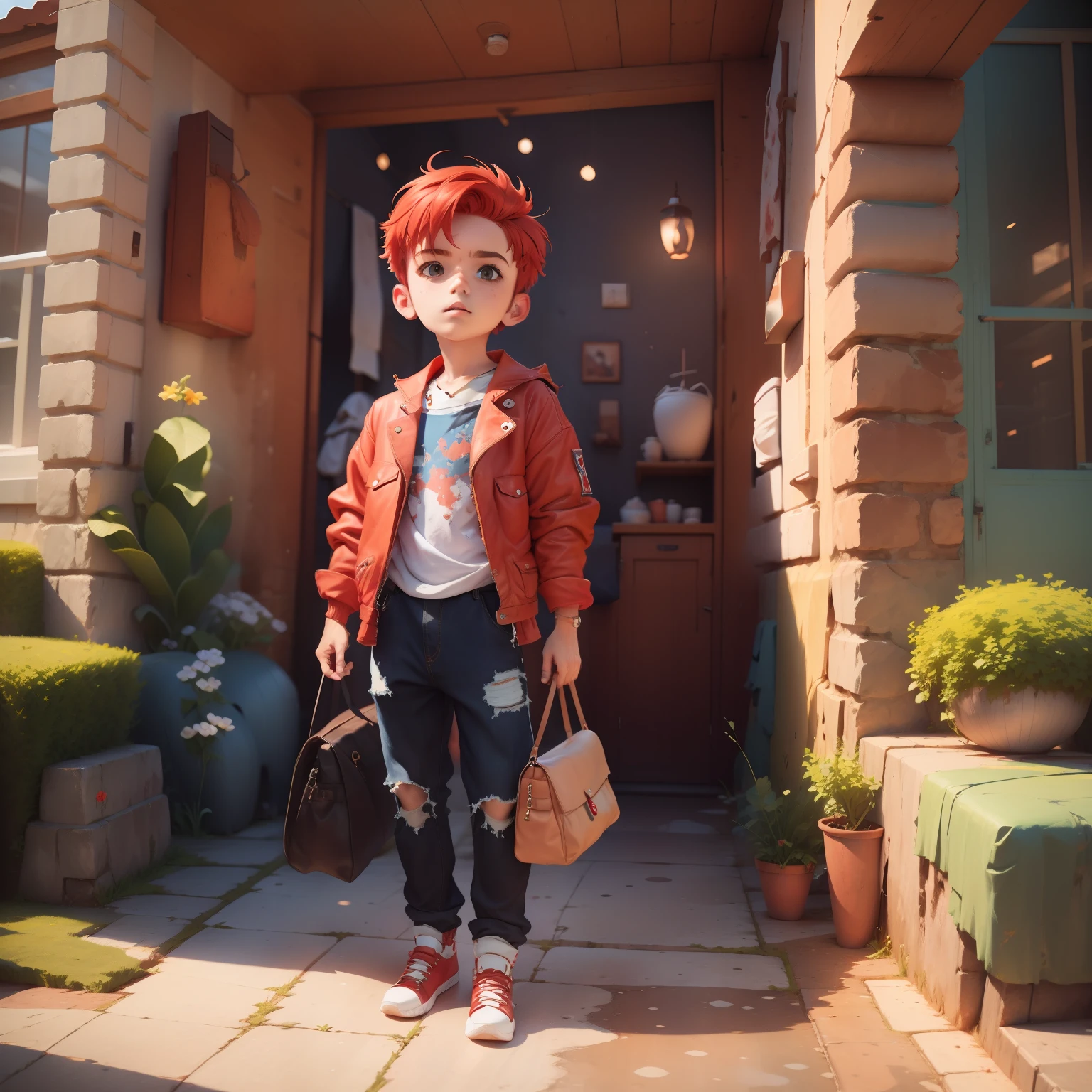 Red hair teen boy whit gray top and bule jean  whit red jacket