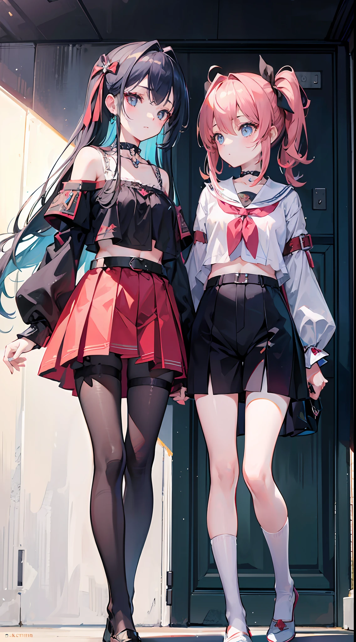 ,twins, Masterpiece,Best quality,offcial art,Extremely detailed Cg Unity 8K wallpaper, 2girls, cute female , Yuri, hair adornments, Short shorts, Crop top, Pantyhose, ribbon_choker necklace, leg belt,