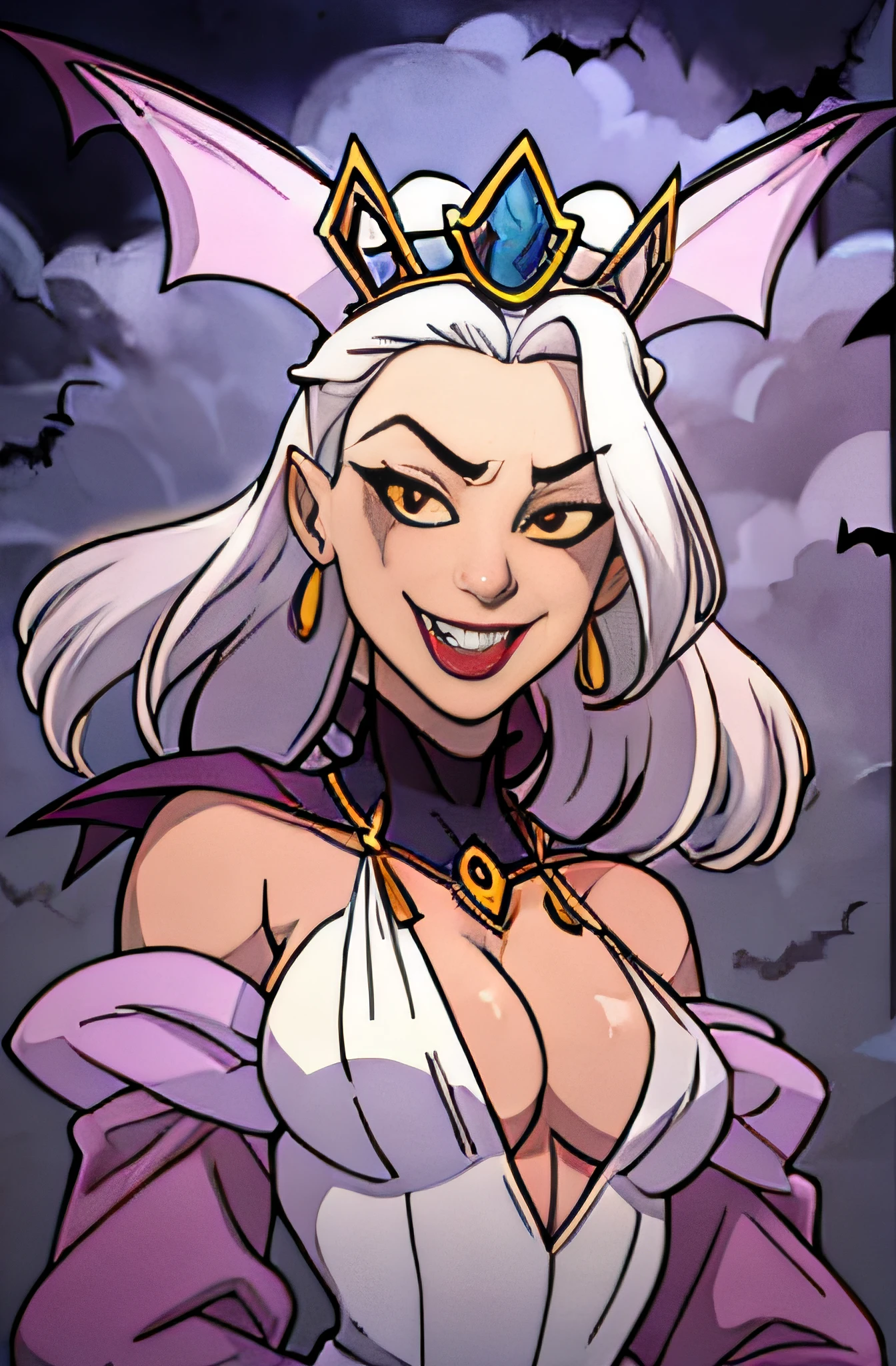 closeup portrait of a vampire queen, long white hair, sinister smile, (fangs:1.3), tiara, noble dress, (bats:1.3), clouds, moonlit night