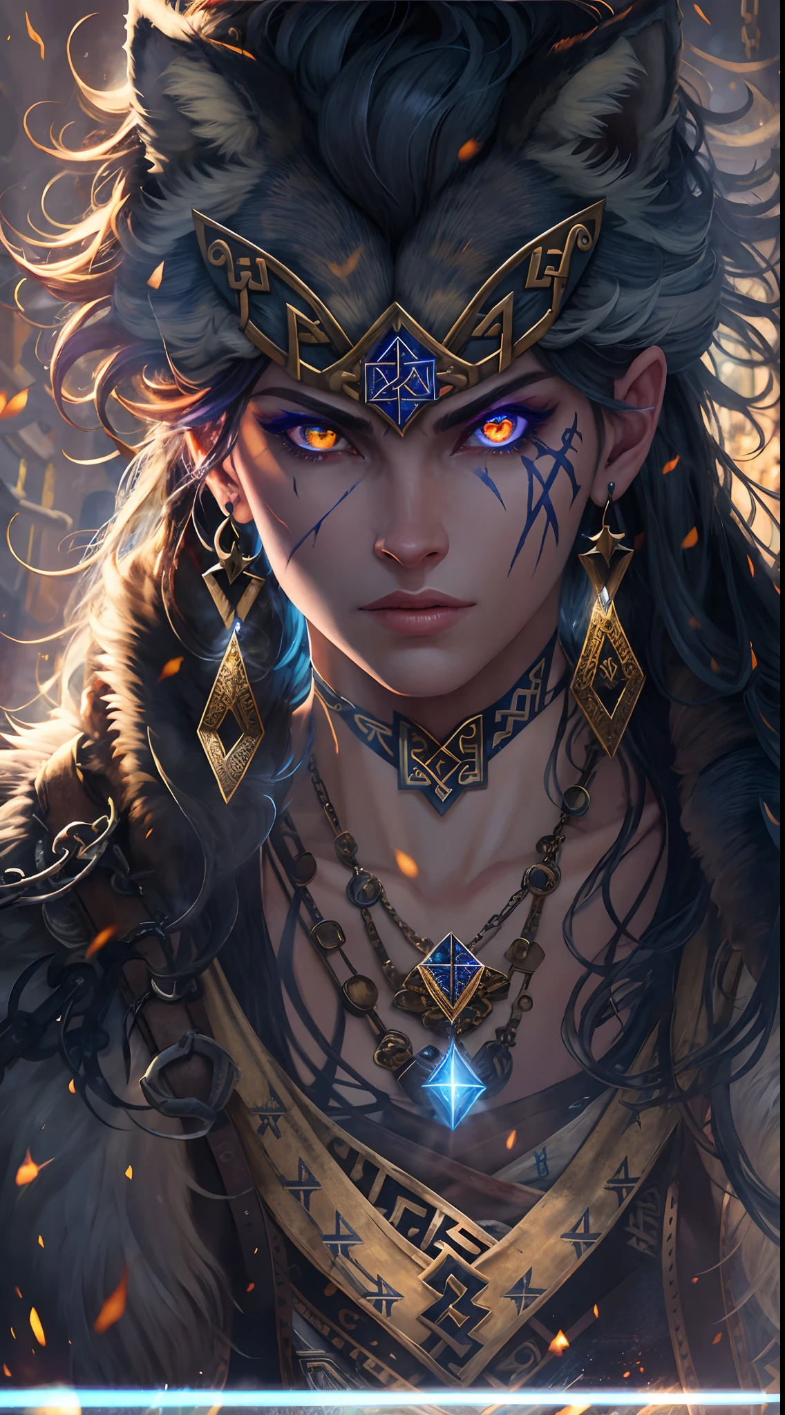 tmasterpiece,best qualtiy,anime illustration, fenrir, Giant Wolf,disheed hair,Pitch-black fur,(Peerless beauty),(with short black hair),(Norse gods),Daughter of the evil god,The wolf that devours the gods,frenzied,Fierce expression,the scars,blood splattere,Viking,It has a blue etching on it, (paleskin), blood spatter, strong,Abs,Wolf God, Cruel laughter,(Scorching golden eyes), Purple six-pointed star, huge tit,Glowing Grimmore closes, Rusty chains, Lighting Valhalla, Lens flare, Axis, intricately details, Highly detailed, voluminetric lighting, 4K rendering, stockphoto, Ultra photo realsisim, Lifelike texture, Dramatic lighting, illusory engine