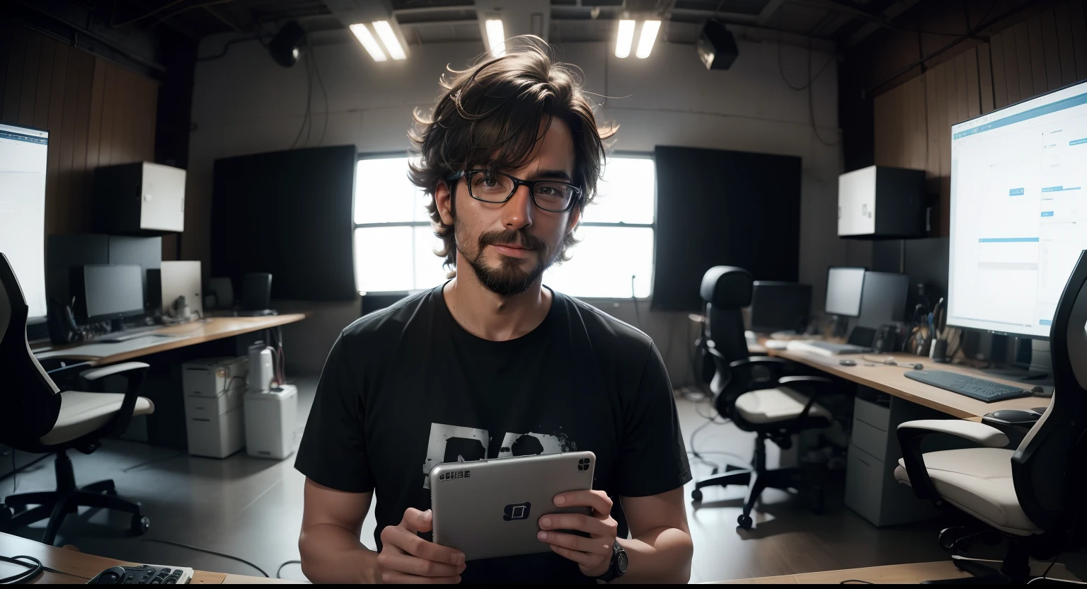 nerd de 34 anos, messy, cabelo estranho , gravando sobre tecnologia para o youtube, in a large and spacious studio, decorado para tecnologia. Gere imagens similares, Only now with 38 and 40 years