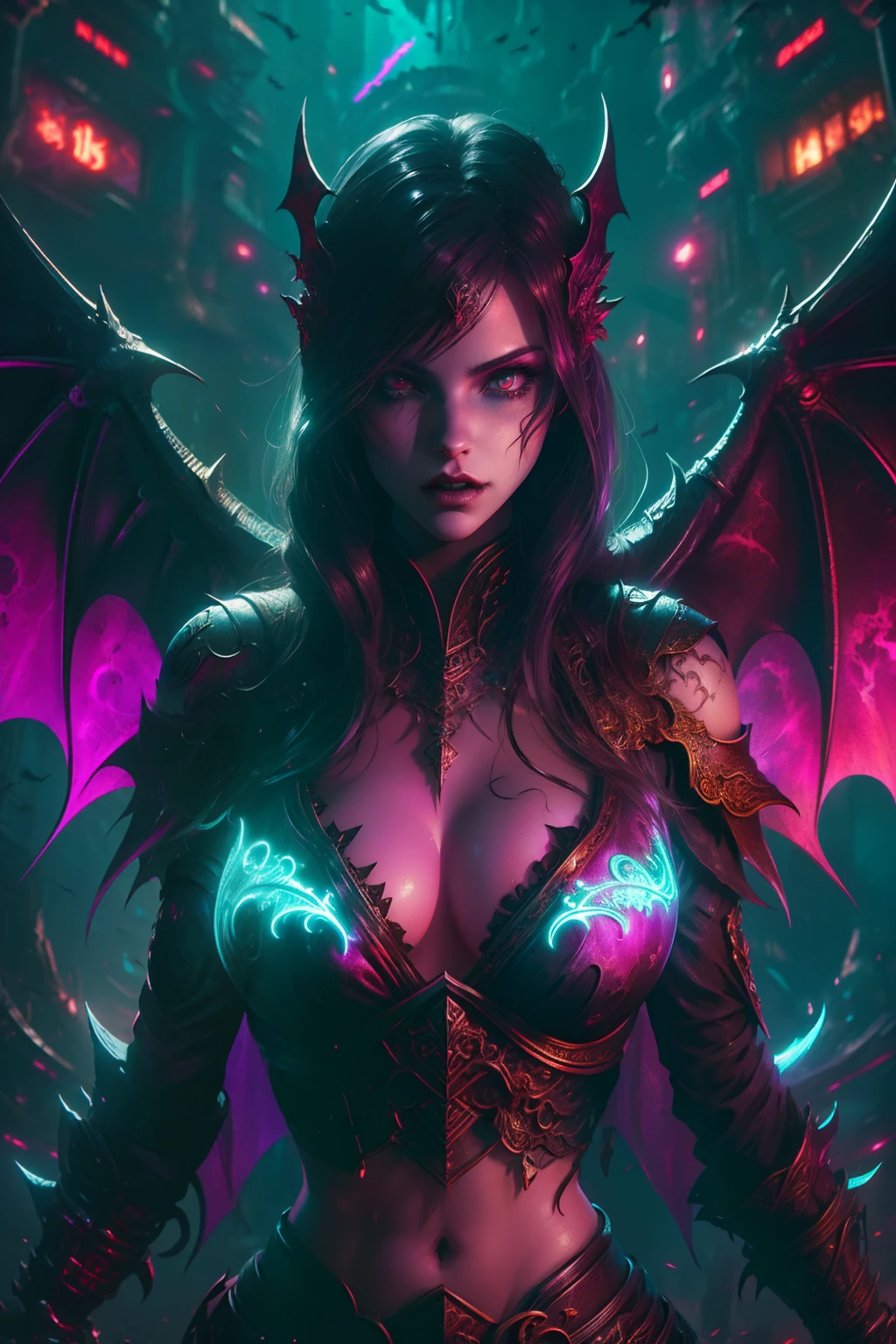 high high quality,Best quality at best,Realiy,Super realistic,super detailing,tmasterpiece,A high resolution,8K,Very realistic,Hellbringers,red - eyed,Meniscus,Close-up of a girl with a sword and a vampire, Dark black cloak,比基尼,glitchpunk girl,pale milky white porcelain skin, Vampires,Smooth translucent white skin, small thighs,Small waist,Small hips,cropped shoulders,Nice collarbone,ultra-realistic realism,big breasts exposed cleavage,The upper part of the body,,Wear a bikini,Tattooed with,red color eyes,gothic art style,((Bat wings)),Epic fantasy digital art style,A noble and elegant vampire girl, dan mumford tom bagshaw, dark fantasy style art, Epic fantasy art style, , dark fantasy art style, Epic fantasy art style HD, dark fantasy digital art,"Artistic image type: {Perched on top of cybernetics dragons, Vampire Maiden investigates the vast cyber metropolis below. Infused with neon lights, Contrast her technically enhanced body, Embedded LEDs and retractable technology weapons shine. In a striking pose, She seemed ready to act, A fusion of ancient legends and visions of the future}, Excellent location,with city view, (Vibrant neon lighting:1.5), (Digital painting:1.25), (4K:1.2). environment: panoramic view of a city,Bats fly across the skyline."