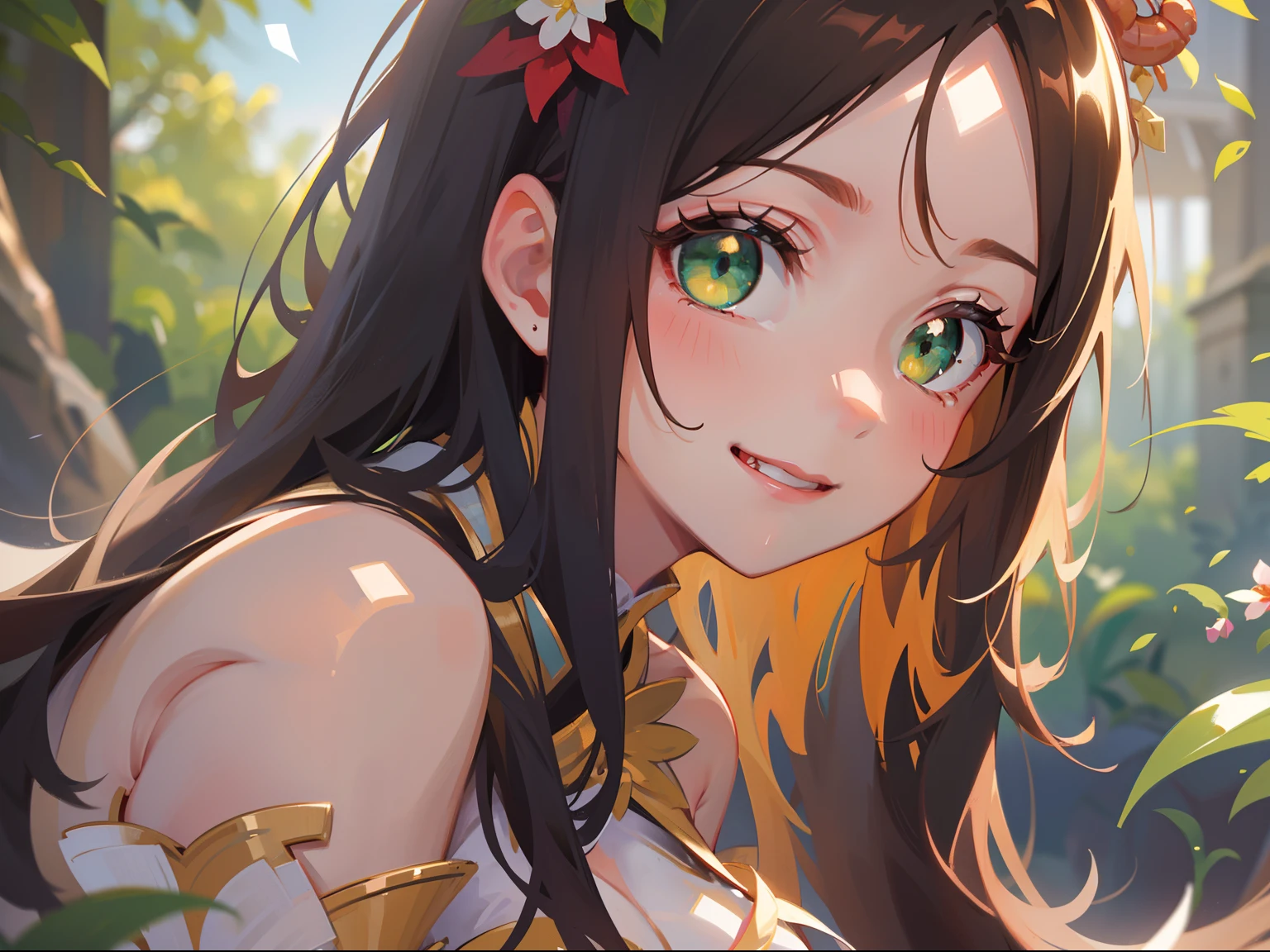 (masterpiece), (best quality), ultra high res, sharp focus, ((1 woman, solo)), upper body, dutch shot, beautiful detailed hair, chestnut brown hair, long hair tumbles down, beautiful detailed face, ((beautiful shape eyes, green eyes)), perfect feminine face, based on goddess Persephone, smiles at the viewer