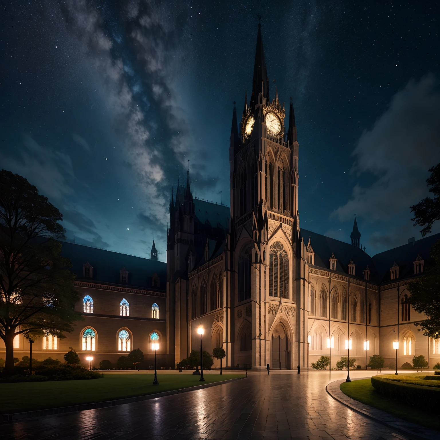 Night photo of a large building with a clock tower and a walkway, gothic cathedral, alabaster gothic cathedral, catedral, dark gothic cathedral, por Christian W. Sanders, night time render, Fundo da catedral, Directed by: Adam Marczyński, Directed by: Sebastian Spreng, Directed by: Daniel Seghers, huge imposing magical university, Directed by: Robert Koehler