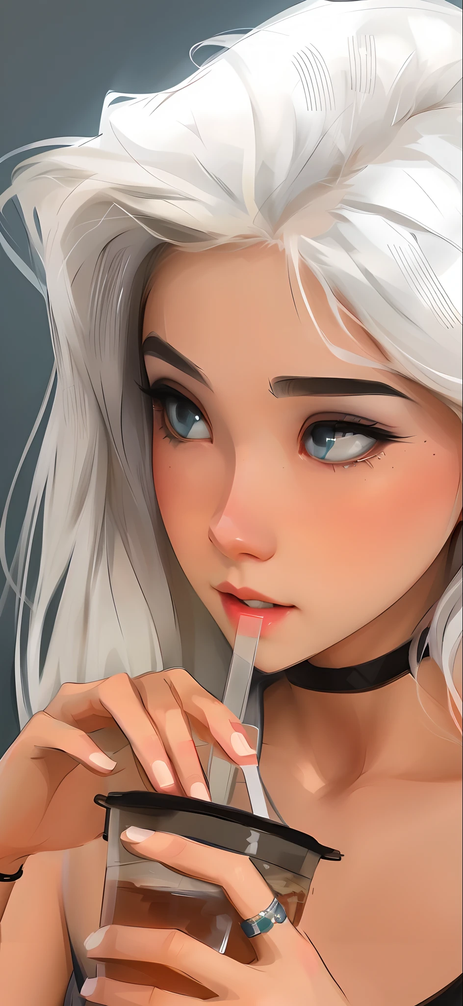 there is a woman with white hair drinking a drink, rossdraws 1. 0, rossdraws portrait, artwork in the style of guweiz, anime realism style, realistic artstyle, loish art style, digital anime illustration, rossdraws digital painting, rossdraws 2. 0, detailed painting 4 k, detailed digital anime art, realistic anime artstyle