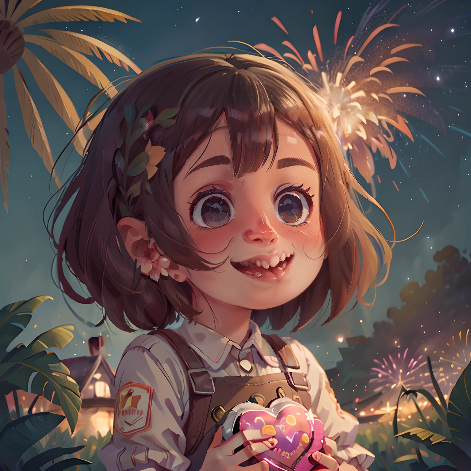 The girl smiled,More heart, Behind is the starry sky of the Milky Way,Beautiful fireworks in the background.