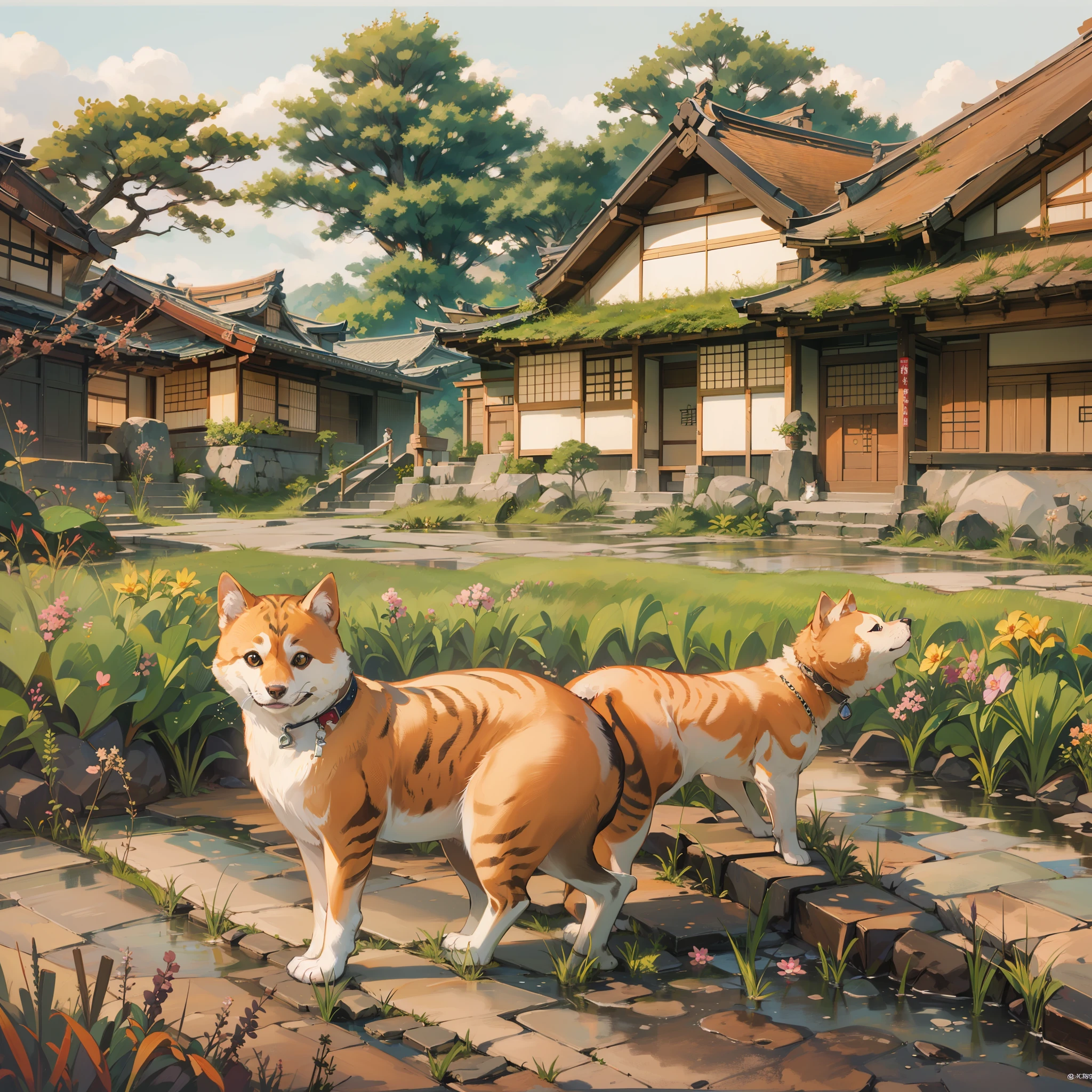 Cats with missing stretches:1.8,Relaxing Shiba Inu:1.8,Shiba dog:1.8,Scenery of the old Japan,Japanese houses:1.8,rice paddy:1.8,Japan countryside:1.8,Plowing the field:1.8,dutch angle shot,ground-level shot,low angle,full body shot,medium shot,Countryside,landscape in Japan:1.8,Landscape painting,no humans:1.8,4K, (Raw photo: 1.2), (Realism: 1.4), (masutepiece: 1.3), (exquisite detailing: 1.2), Delicate and beautiful details, (Eye Detail), (Facial Detailed), (Highest Quality) :1.4), (Hyper-Resolution: 1.2), cinematric light, (very detailed illustration), (Best Quality, Super Resolution, depth of fields, Wide light, natural shadows
