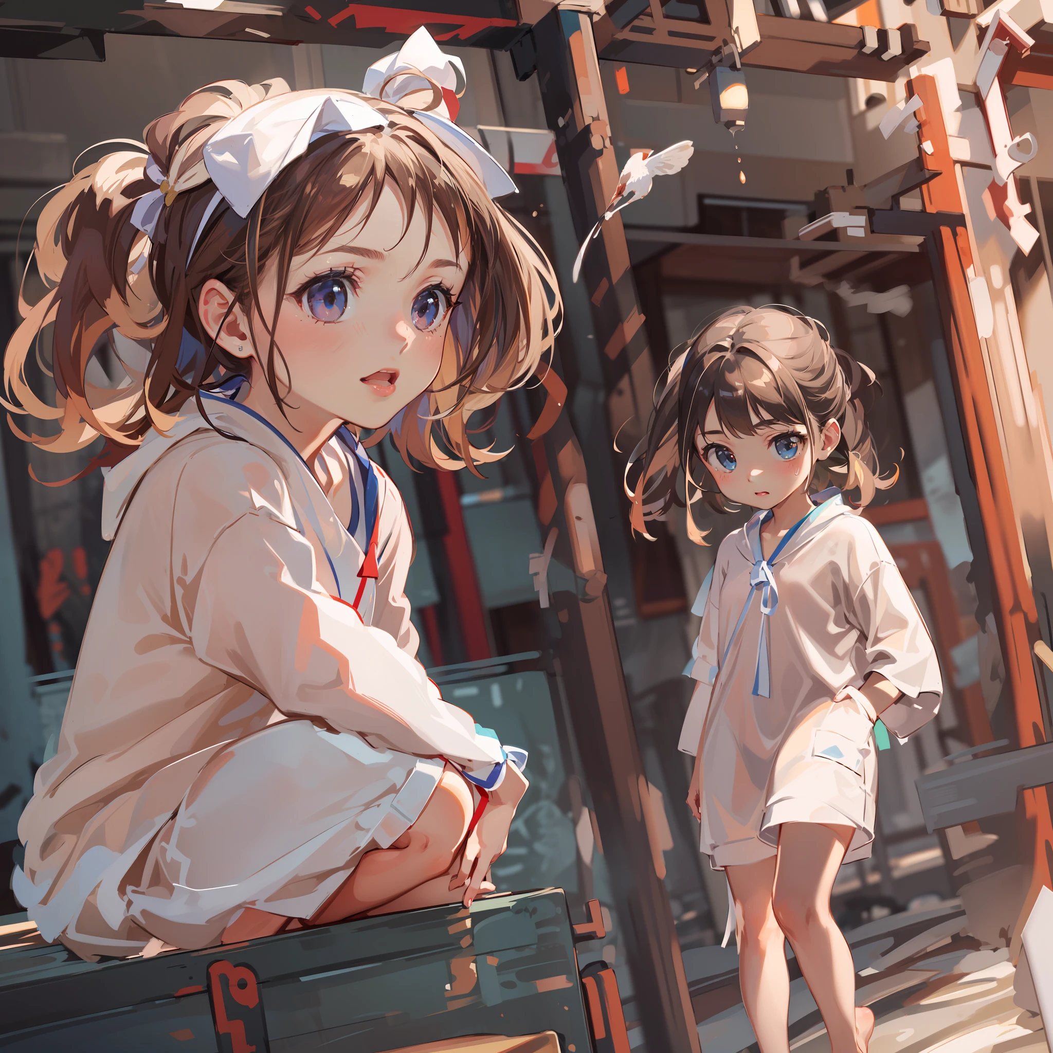 very cute female child:1.1,10 yo,japanese gym-suit:1.8,dutch angle shot,ground-level shot,low angle,full body shot,medium shot,Barefoot,Summer,day, Long hair,flat chest,Wind,Drooping sweat:1.1,(4K), (Raw photo: 1.2), (Realism: 1.4), (masutepiece: 1.3), (exquisite detailing: 1.2), Delicate and beautiful details, (Eye Detail), (Facial Detailed), (Highest Quality) :1.4), (Hyper-Resolution: 1.2),(very detailed illustration), Best Quality,depth of fields, Wide light, natural shadows