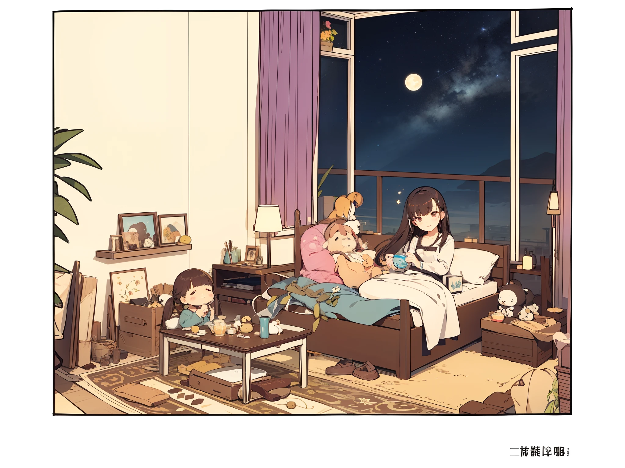 Handbook,a variety of poses,stickfigure,The whole family watches the stars in their own little yard,Her long hair sparkled in the sun,Gently landed on her shoulder,Looks gentle and cute。She wore a pink shirt,Wear yours with jeans,Reveal the freshness and vitality of this era。,exteriors,bamboos,pandas,which is simple and neat,small flower,vases,the night,large moon