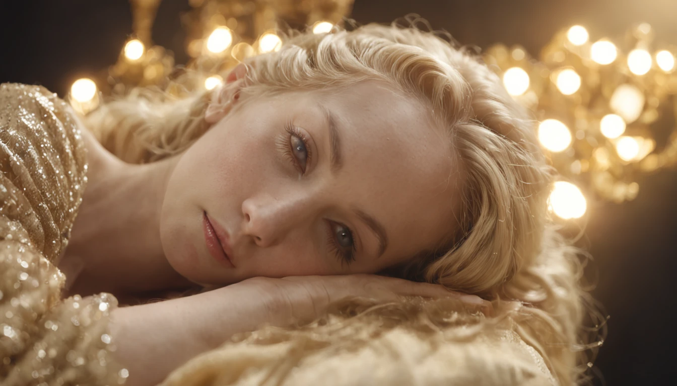 sleeping beauty、(((unclothed))), Millet's paintings「ophelia」A woman lying like and sleeping peacefully、Golden robe、jewely, hair adornments,up of face、Loosely curled blonde、Light particles fly around、The face is shining、Halo is shining、dark backgrounds、Soft bed、((bokeh dof))、Flooded with golden light particles、depth of fields、realistic
