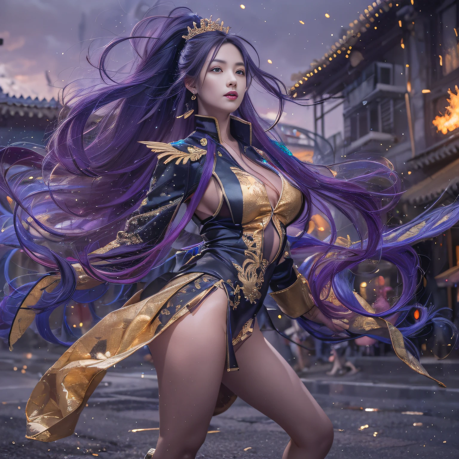 32K（tmasterpiece，k hd，hyper HD，32K）Long flowing bright purple hair，Mards，zydink， a color，  Asian people （Silly girl）， （Silk scarf）， Combat posture， looking at the ground， long whitr hair， Floating bright purple， Fire cloud pattern gold tiara， Chinese long-sleeved gold silk garment， （abstract ink splash：1.2）， smoky background，Lotus protector（realisticlying：1.4），Bright purple hair，Smoke on the road，The background is pure， A high resolution， the detail， RAW photogr， Sharp Re， Nikon D850 Film Stock Photo by Jefferies Lee 4 Kodak Portra 400 Camera F1.6 shots, Rich colors, ultra-realistic vivid textures, Dramatic lighting, Unreal Engine Art Station Trend, cinestir 800，Long flowing bright purple hair