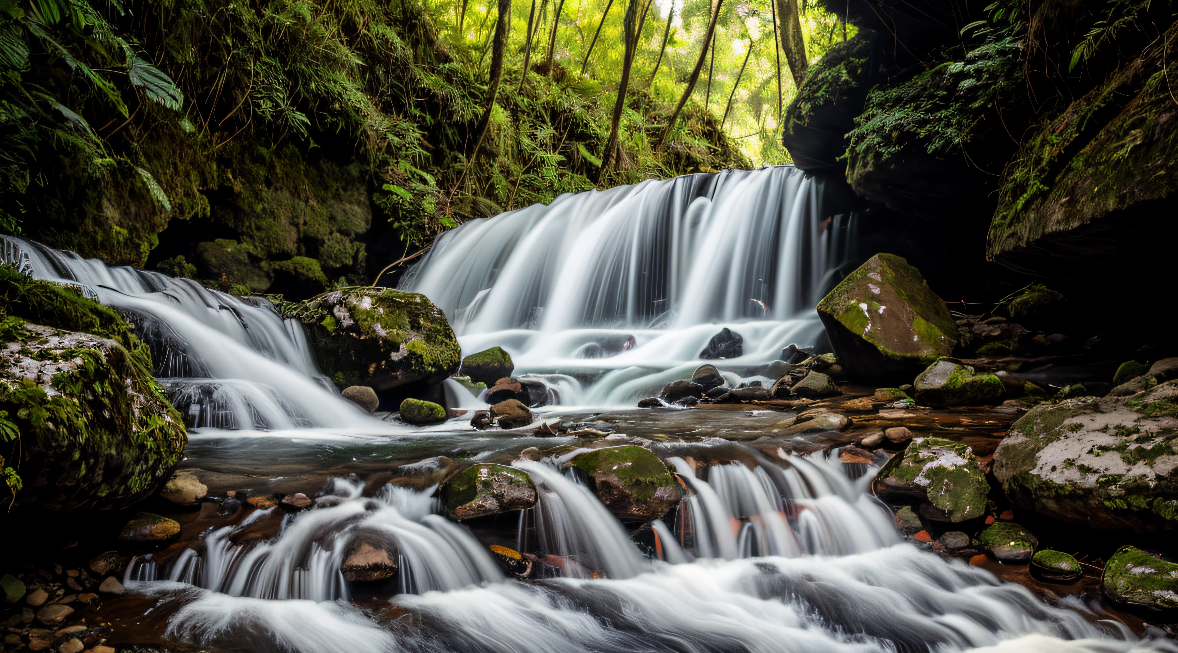Foto RAW de cachoeira, pequenos detalhes, fotorrealista, foto ultrarrealista, 8k uhd, dslr, soft-lighting, alta qualidade, grain of film, Fujifilm XT3, (obra-prima)