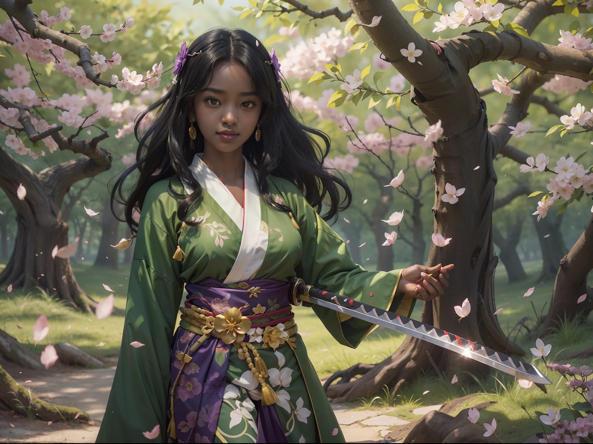 Beautiful dark skin girl standing under a cherry blossom tree holding a nature katana, long black hair elegantly curled, beautiful handcraft gold flower pins in hair, bright smile, plump big lips, big glowing green eyes, wearing demon slayer uniform, loose black demon slayer pants fastened by a big white belt, wearing a traditional green haori with purple and red flower patterns, demon slayer style, 8k resolution, high quality, best quality, (masterpiece), highly detailed, good shadows,