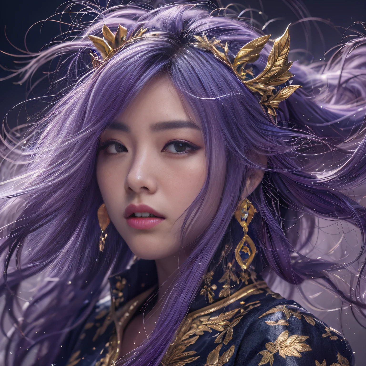 32K（tmasterpiece，k hd，hyper HD，32K）Long flowing bright purple hair，Mards，zydink， a color，  Asian people （Silly girl）， （Silk scarf）， Combat posture， looking at the ground， long whitr hair， Floating bright purple， Fire cloud pattern gold tiara， Chinese long-sleeved gold silk garment， （abstract ink splash：1.2）， smoky background，Lotus protector（realisticlying：1.4），Bright purple hair，Smoke on the road，The background is pure， A high resolution， the detail， RAW photogr， Sharp Re， Nikon D850 Film Stock Photo by Jefferies Lee 4 Kodak Portra 400 Camera F1.6 shots, Rich colors, ultra-realistic vivid textures, Dramatic lighting, Unreal Engine Art Station Trend, cinestir 800，Long flowing bright purple hair