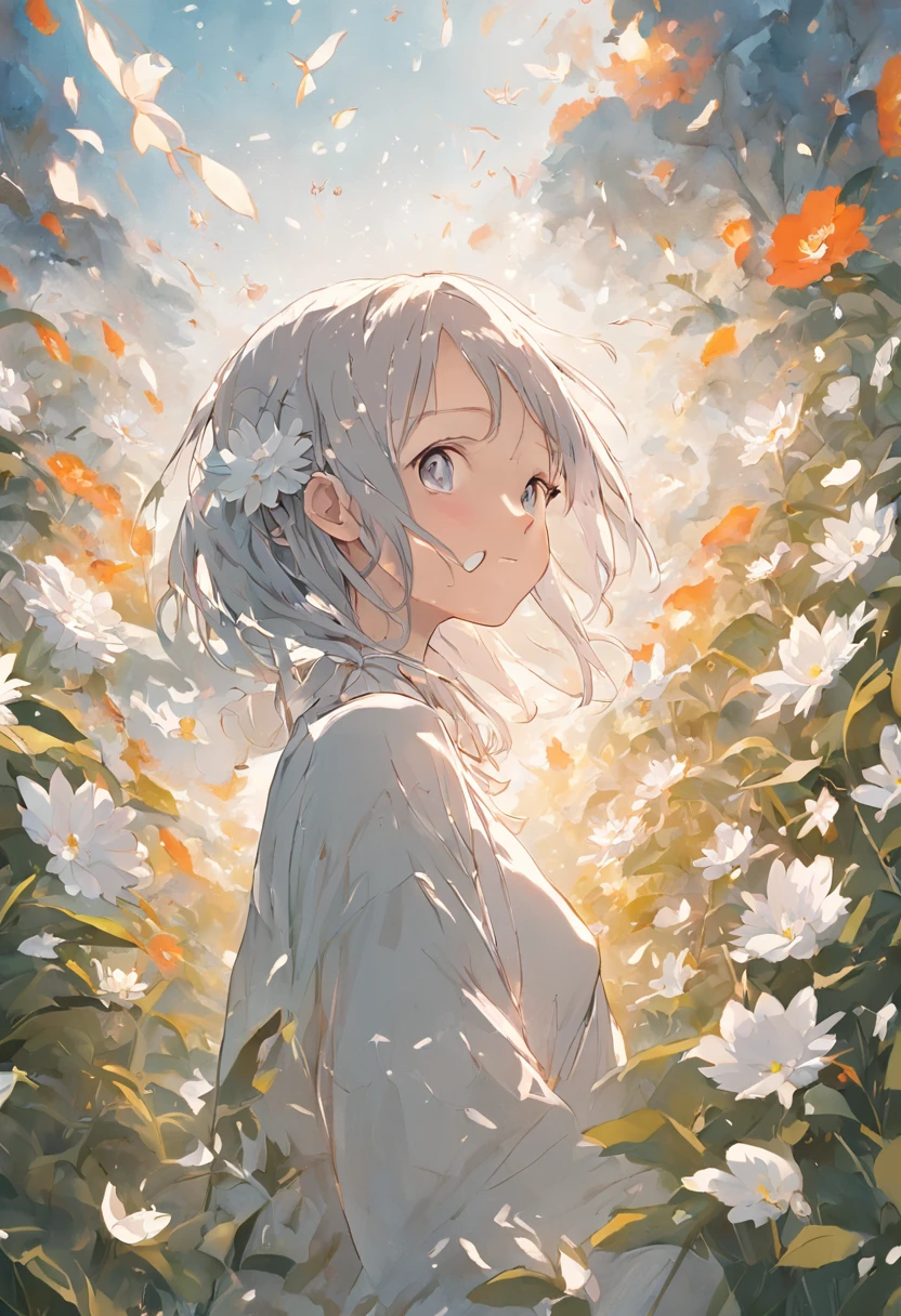 Blooming flowers flutter in the wind,Girl in flowers,Light white and silver design,Pay attention to the texture of the skin and flowers,Sony FE 12-24mm F/2.8 gm,Impressionist garden,Proficient in calligraphy,eco-friendly craftsmanship,Brush stroke exploration