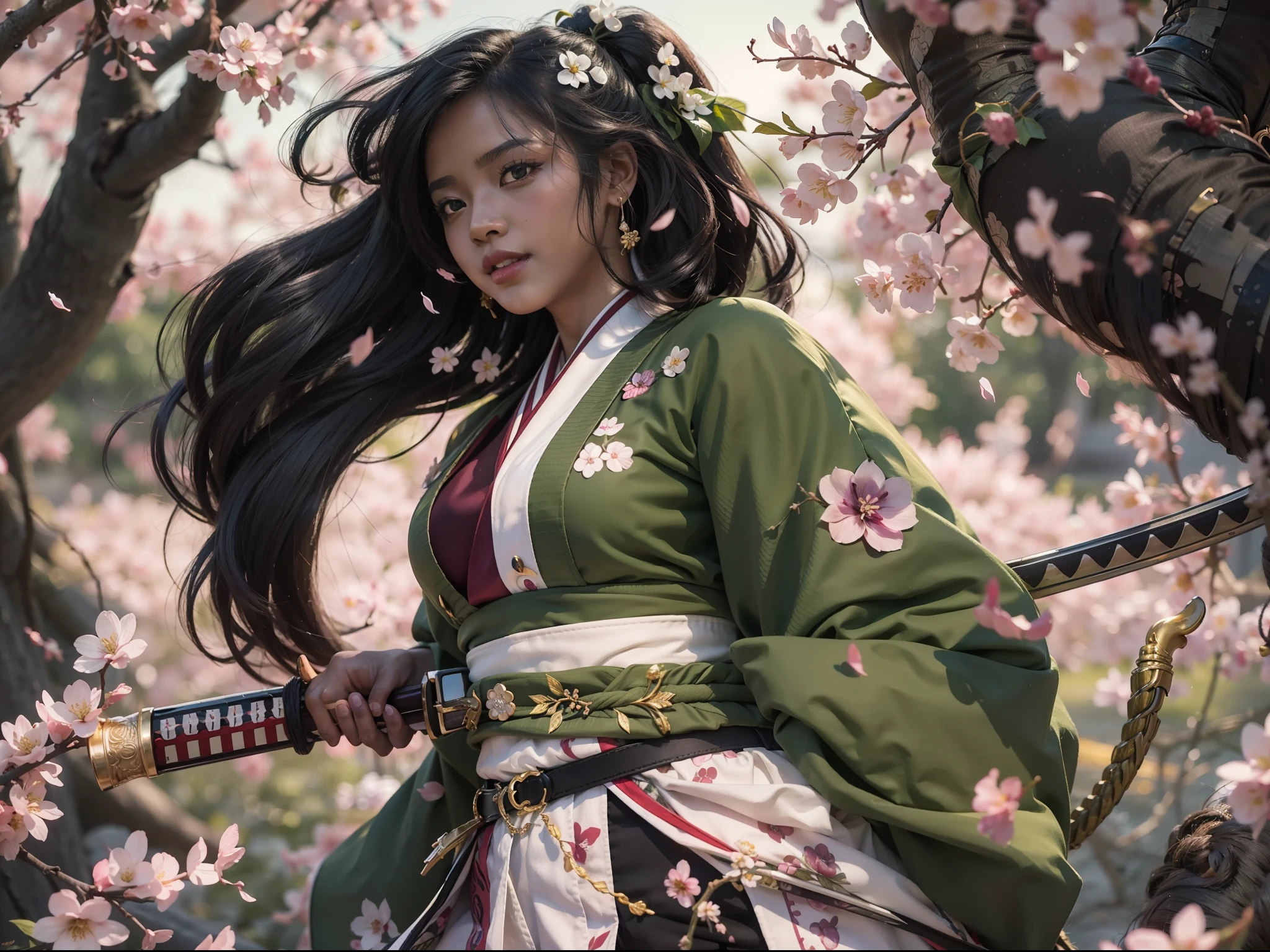 Beautiful dark skin girl standing under a cherry blossom tree holding a nature katana, long black hair elegantly curled, beautiful handcraft gold flower pins in hair, bright smile, plump big lips, big glowing green eyes, wearing demon slayer uniform, loose black demon slayer pants fastened by a big white belt, wearing a traditional green haori with purple and red flower patterns, demon slayer style, 8k resolution, high quality, best quality, (masterpiece), highly detailed, good shadows,
