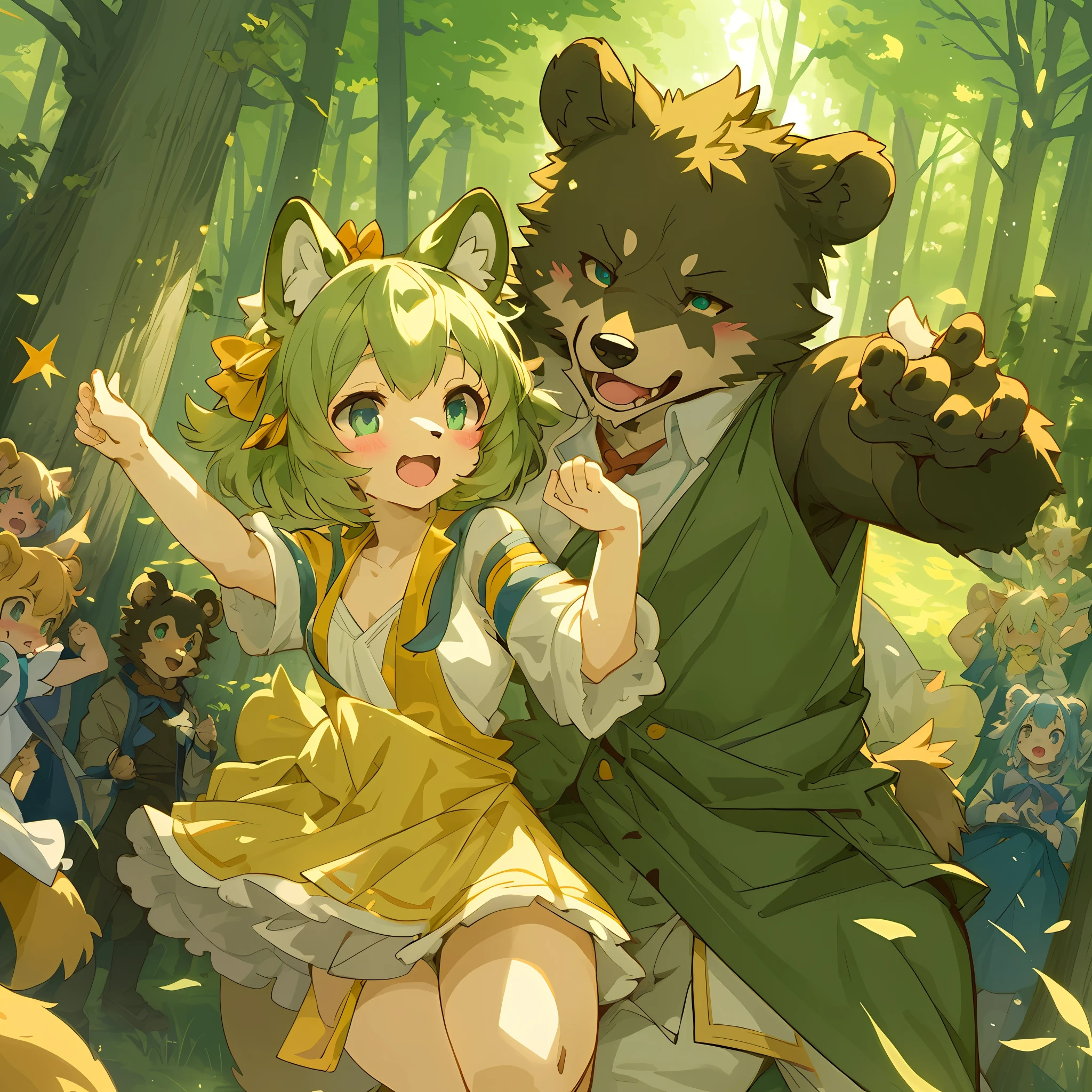 top quality, best quality, High-quality illustrations, masterpiece, super high resolution, detailed background, forest(super cute 1girl, bear, pair)singing, dancing, waltz, 6+boys, 6+girls, absurdres(highly detailed beautiful face and eyes)perfect anatomy, expression, good lighting, cinematic shadow(kemono, furry anthro)assorted poses, dynamic angle,
