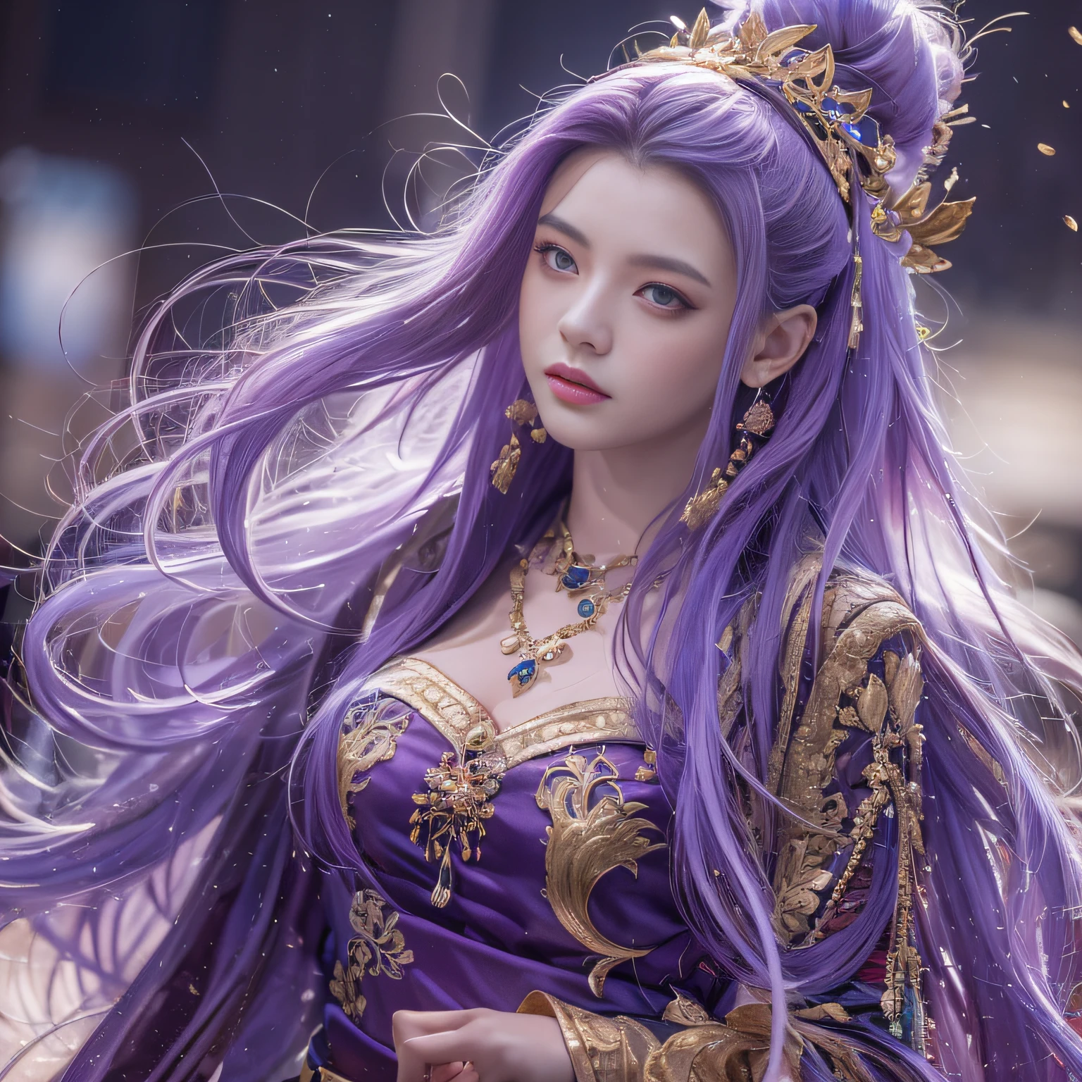 32K（tmasterpiece，k hd，hyper HD，32K）Long flowing bright purple hair，Lunar soil，zydink， a color，  Xuzhou people （Silly girl）， （Silk scarf）， Combat posture， looking at the ground， long whitr hair， Floating bright purple， Fire cloud pattern gold tiara， Chinese long-sleeved gold silk garment， （abstract ink splash：1.2）， smoky background，Lotus protector（realisticlying：1.4），Bright purple hair，Mist on the road，Smoke in the background， A high resolution， the detail， RAW photogr， Sharp Re， Nikon D850 Film Stock Photo by Jefferies Lee 4 Kodak Portra 400 Camera F1.6 shots, Rich colors, ultra-realistic vivid textures, Dramatic lighting, Unreal Engine Art Station Trend, cinestir 800，Long flowing bright purple hair，see-through transparent clothes