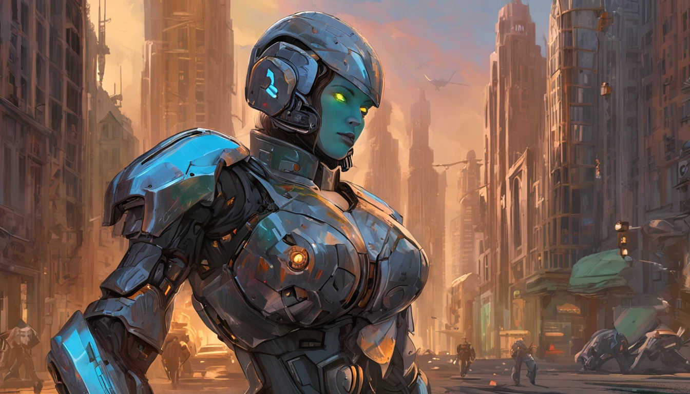 Just a beautiful woman, wearing mecha+medieval armor+black Samus Aran costume with golden metallic parts, blue hair, extremely short hair, hair with bangs in front of the eyes, helmet on the head, looking at the viewer, (((extroverted pose interacting and leaning on something)))), in a city, vehicles, machines, monsters, large structures, background of beautiful landscape with the sunset, ((full body):1.5) ,((Super Metroid)), 16k, UHD, best possible quality, ((ultra detailed):1), best possible resolution, Unreal Engine 5, professional photography, perfect_hands, Sublime, Clockpunk, Artwork, massive scale, textured, Hi-fi, Tapestry, chintzy colors, Unworldly, glowing radioactively lighting, Ultra-realistic, highly detailed, PBR materials, Unity engine, volumetric lighting, 8k
