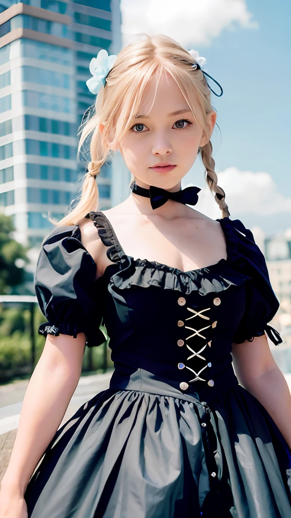 (ultra-detailliert), Cute princess dresses in black color,(frilly dress),(shortsleeves),Blue eyes,a closeup,Lovely smile,facing front, 20yr old, Girl in her 20s,no tail,(no tail),2D, masterpiece, top-quality, animesque, A detailed eye, A detailed face, girl with, Only 1 person,Blonde medium hair, (a blond), Ear Hair, small tits, Single braid, (Single braid), (Side braid), Pink ribbon, Ribbon around the neck, (Light blue sleeves), Stand in the middle of the city,