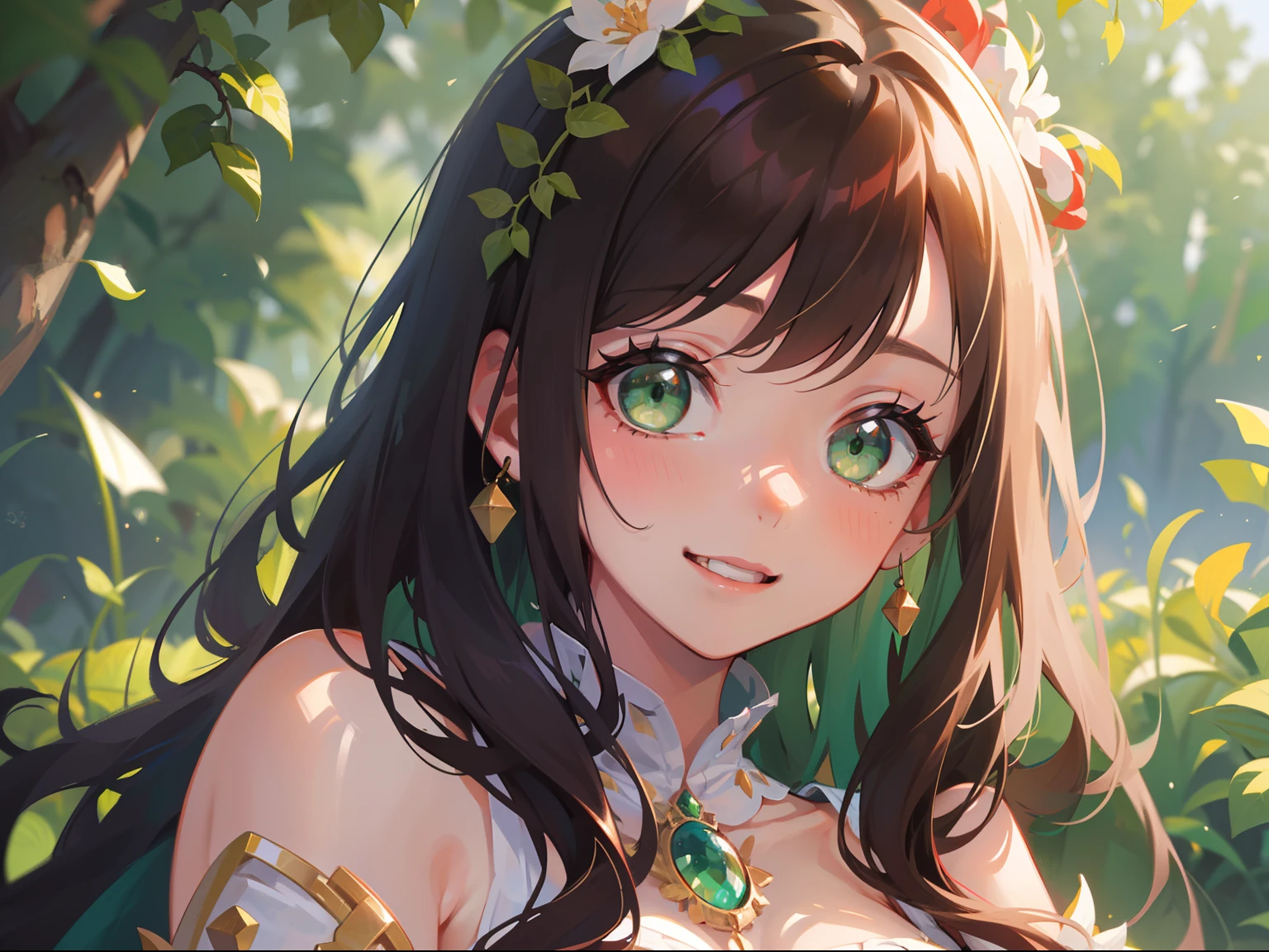 (masterpiece), (best quality), ultra high res, sharp focus, ((1 woman, solo)), upper body, dutch shot, beautiful detailed hair, chestnut brown hair, long hair tumbles down, beautiful detailed face, ((beautiful shape eyes, green eyes)), perfect feminine face, based on goddess Persephone, smiles at the viewer