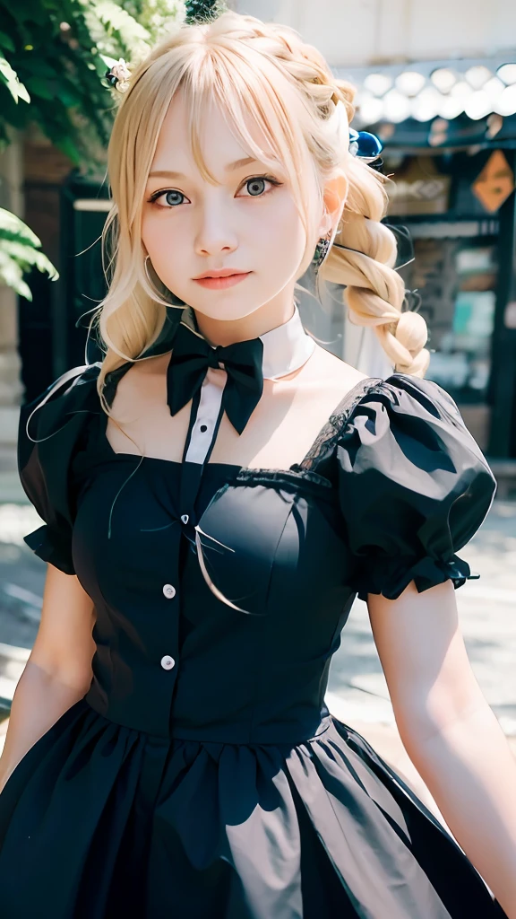 (ultra-detailliert), Cute princess dresses in black color,(frilly dress),(shortsleeves),Blue eyes,a closeup,Lovely smile,facing front, 20yr old, Girl in her 20s,no tail,(no tail),2D, masterpiece, top-quality, animesque, A detailed eye, A detailed face, girl with, Only 1 person,Blonde medium hair, (a blond), Ear Hair, small tits, Single braid, (Single braid), (Side braid), Pink ribbon, Ribbon around the neck, (Light blue sleeves), Stand in the middle of the city,