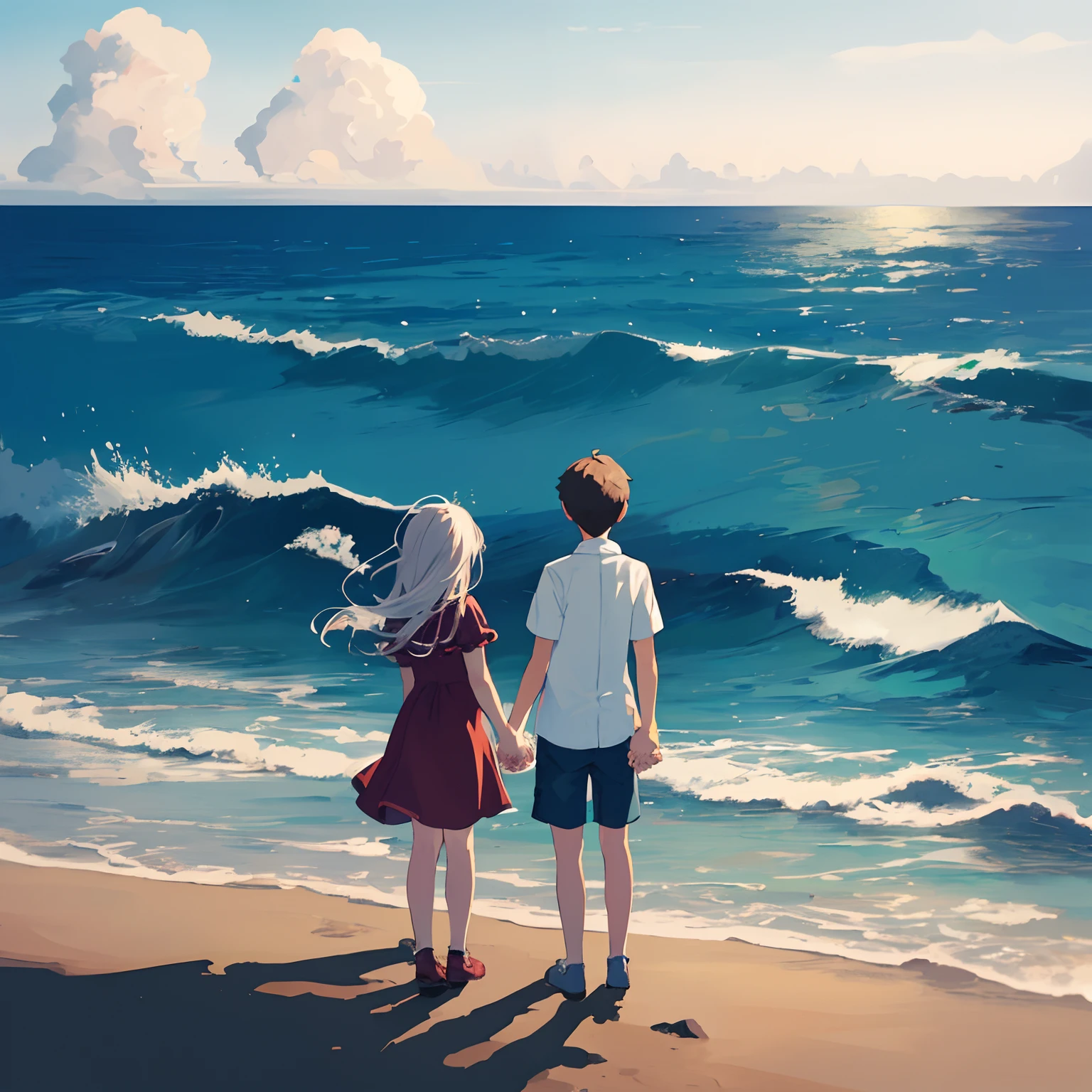 1 boy and 1 girl holding hands looking out at the sea