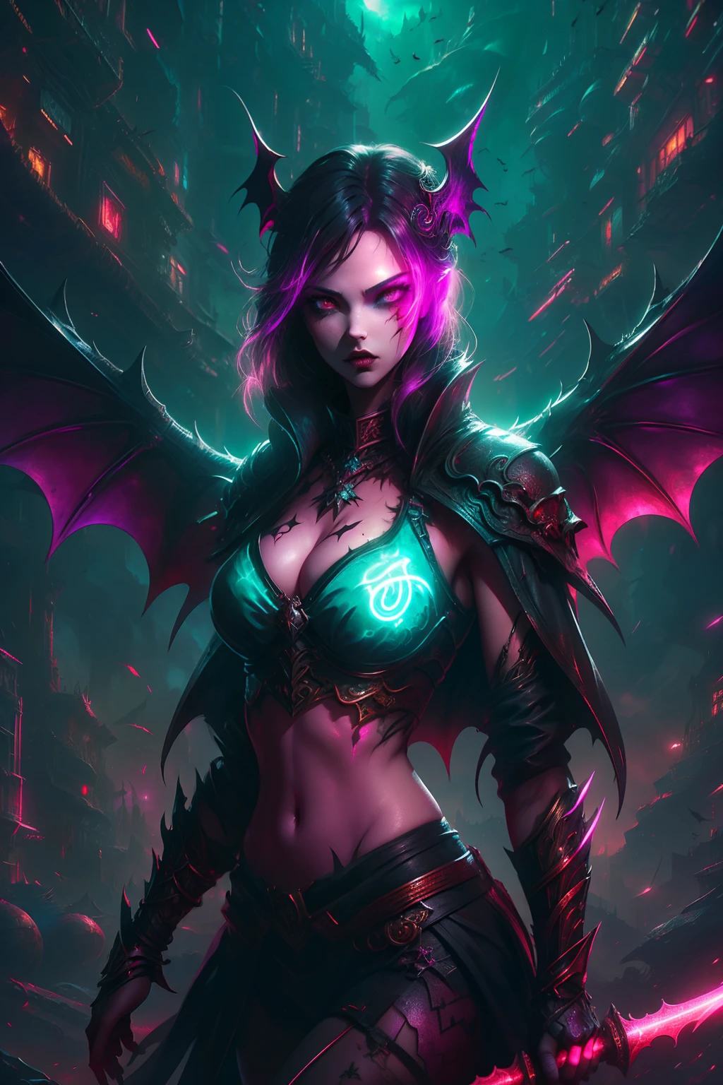 high high quality,Best quality at best,Realiy,Super realistic,super detailing,tmasterpiece,A high resolution,8K,Very realistic,Hellbringers,red - eyed,Meniscus,Close-up of a girl with a sword and a vampire, Dark black cloak,比基尼,glitchpunk girl,pale milky white porcelain skin, Vampires,Smooth translucent white skin, small thighs,Small waist,Small hips,cropped shoulders,Nice collarbone,ultra-realistic realism,big breasts exposed cleavage,The upper part of the body,,Wear a bikini,Tattooed with,red color eyes,gothic art style,((Bat wings)),Epic fantasy digital art style,A noble and elegant vampire girl, dan mumford tom bagshaw, dark fantasy style art, Epic fantasy art style, , dark fantasy art style, Epic fantasy art style HD, dark fantasy digital art,"Artistic image type: {Perched on top of cybernetics dragons, Vampire Maiden investigates the vast cyber metropolis below. Infused with neon lights, Contrast her technically enhanced body, Embedded LEDs and retractable technology weapons shine. In a striking pose, She seemed ready to act, A fusion of ancient legends and visions of the future}, Excellent location,with city view, (Vibrant neon lighting:1.5), (Digital painting:1.25), (4K:1.2). environment: panoramic view of a city,Bats fly across the skyline."