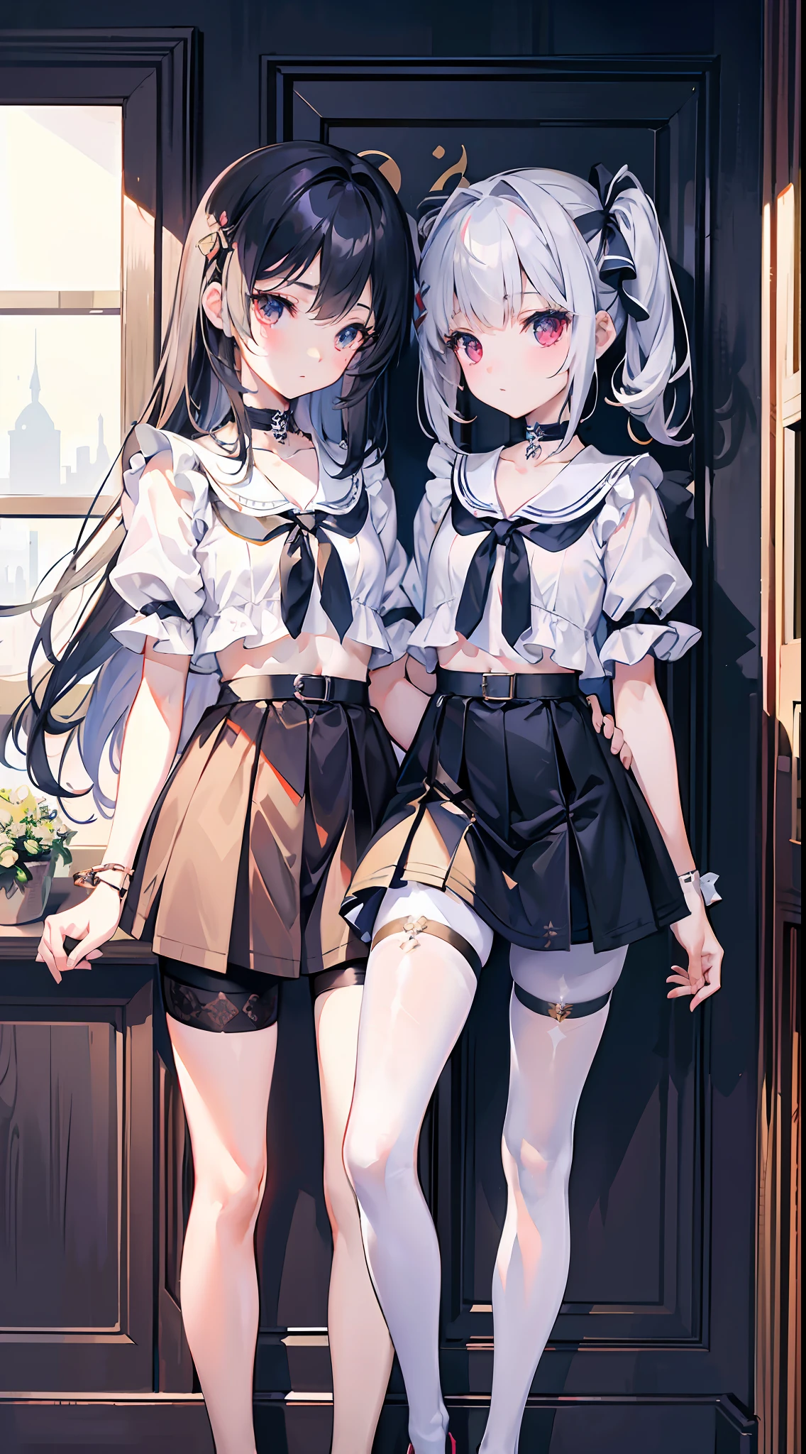 ,twins, Masterpiece,Best quality,offcial art,Extremely detailed Cg Unity 8K wallpaper, 2girls, cute female child, Yuri, hair adornments, Short shorts, Crop top, Pantyhose, ribbon_choker necklace, leg belt,