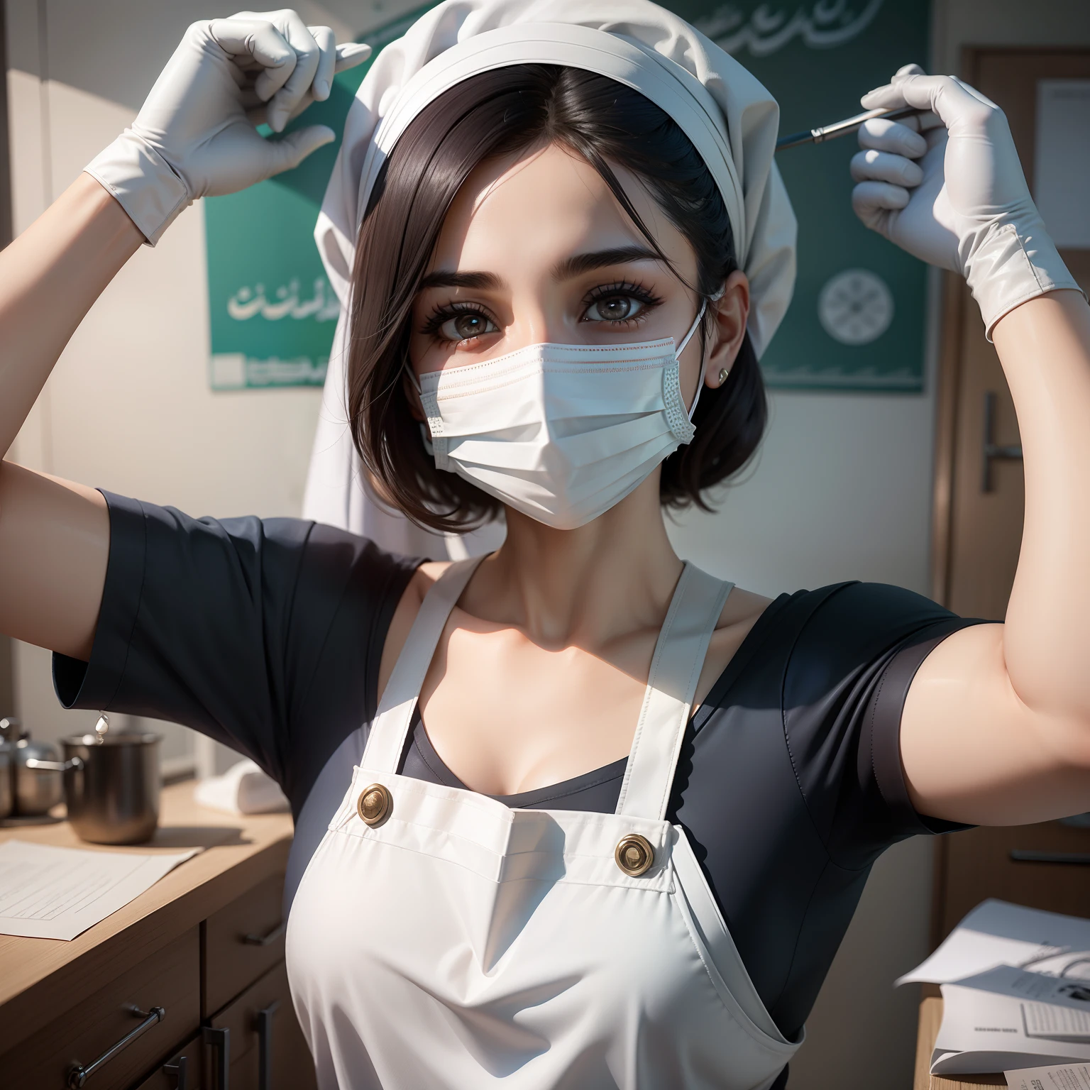Iranian woman、20yr old、Eyes that laughed、Human skin feel、Realistic Woman、Paper Apron、Dental Hygienist、dentistry、dentist、Solo Shot、short-cut、surgical mask、masks、gloves、rubber glove、