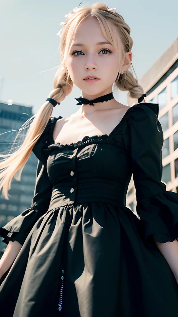 (ultra-detailliert), Cute princess dresses in black color,(frilly dress),(shortsleeves),Blue eyes,a closeup,Lovely smile,facing front, 20yr old, Girl in her 20s,no tail,(no tail),2D, masterpiece, top-quality, animesque, A detailed eye, A detailed face, girl with, Only 1 person,Blonde medium hair, (a blond), Ear Hair, small tits, Single braid, (Single braid), (Side braid), Pink ribbon, Ribbon around the neck, (Light blue sleeves), Stand in the middle of the city,