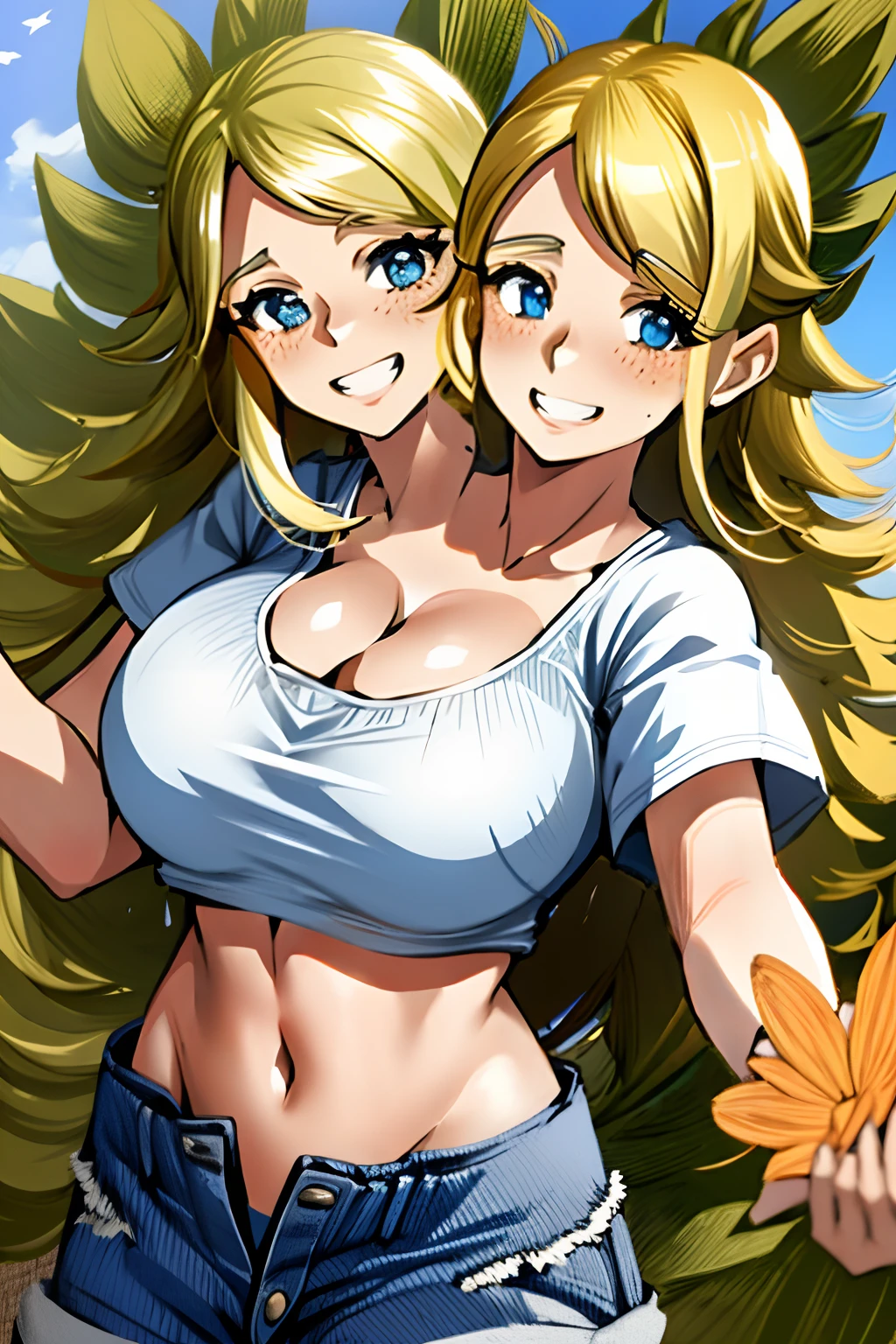 2heads, a very short chubby woman with 2 heads.  She has enormous . She is outside on a farm on a sunny day. She is wearing a torn plaid pattern crop top. She is wearing jeans shorts. She has long blonde hair. She has massive . She has a lot of freckles. Her  have freckles. She is smiling wide. She has a gap between her two front teeth her teeth. She has enormous . She looks very happy. She looks young. She looks like a farm girl.