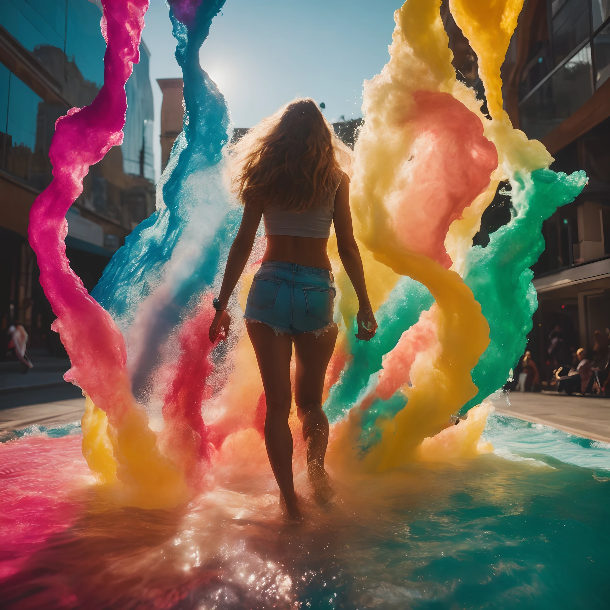 multi-colored liquid cream cascades, camera away, down from the young woman, full body, cinematic shot + dynamic composition, incredibly detailed, sharpen, details + intricate detail + professional lighting, film lighting + anamorphic + lightroom + cinematography + bokeh + lens flare + film grain + HDR10 + 8K + ((cinematic)), legs multi-colored liquid cream, perfect composition, beautiful detailed intricate insanely detailed octane render trending on artstation, 8 k artistic photography, photorealistic concept art, soft natural volumetric cinematic perfect light, chiaroscuro, award - winning photograph, masterpiece, oil on canvas, raphael, caravaggio, greg rutkowski, beeple, beksinski, giger