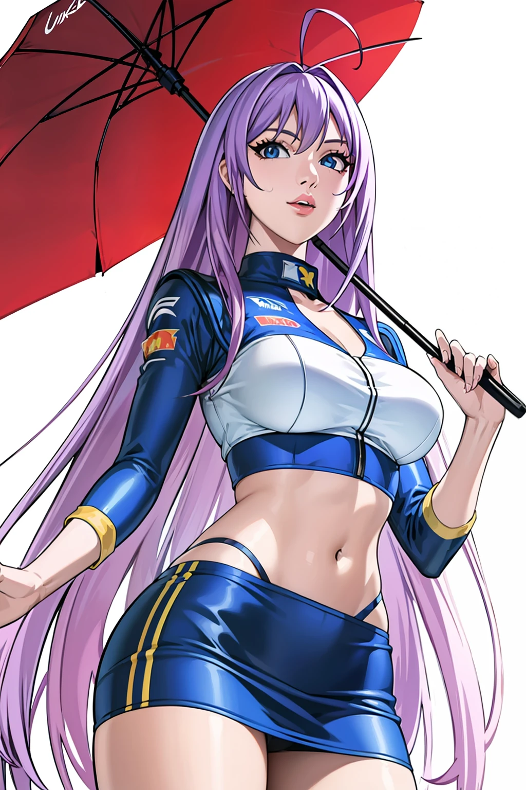 ((Formula One)), race track, miniskirt, crop top,background, perfect eyes:1.2, detailed eyes:1.4, very long hair, ahoge, cowboy shot, umbrellaLORA, holding umbrella, Maya-Natsume-KJ, race_queen, clothing cutout, looking at viewer, Ultra-realistic 8K CG, masterpiece, ((ultra-detailed background, delicate pattern, intricate details)), best quality, intricate details, 1girl, solo, (masterpiece:1.6, best quality),