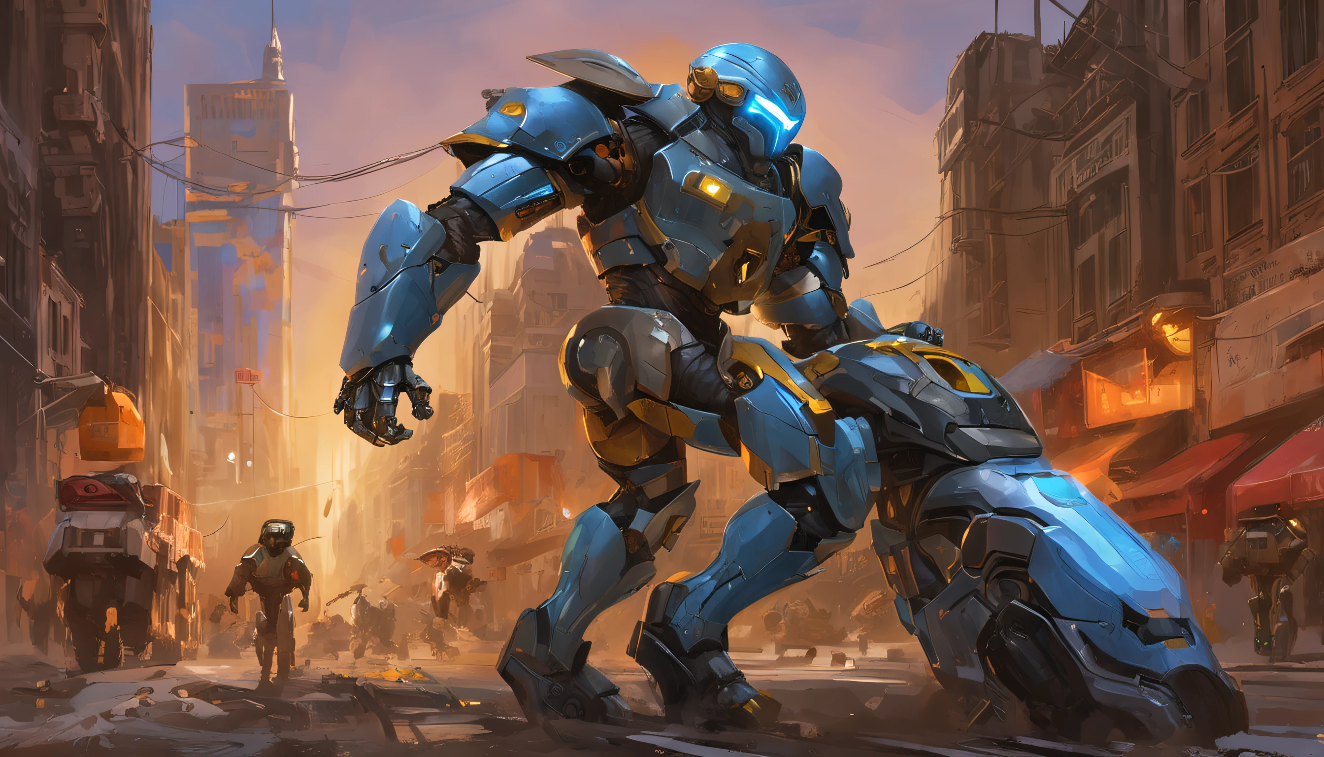 Just a beautiful woman, wearing mecha+medieval armor+black Samus Aran costume with golden metallic parts, blue hair, extremely short hair, hair with bangs in front of the eyes, helmet on the head, looking at the viewer, (((extroverted pose interacting and leaning on something)))), in a city, vehicles, machines, monsters, large structures, background of beautiful landscape with the sunset, ((full body):1.5) ,((Super Metroid)), 16k, UHD, best possible quality, ((ultra detailed):1), best possible resolution, Unreal Engine 5, professional photography, perfect_hands, Sublime, Clockpunk, Artwork, massive scale, textured, Hi-fi, Tapestry, chintzy colors, Unworldly, glowing radioactively lighting, Ultra-realistic, highly detailed, PBR materials, Unity engine, volumetric lighting, 8k