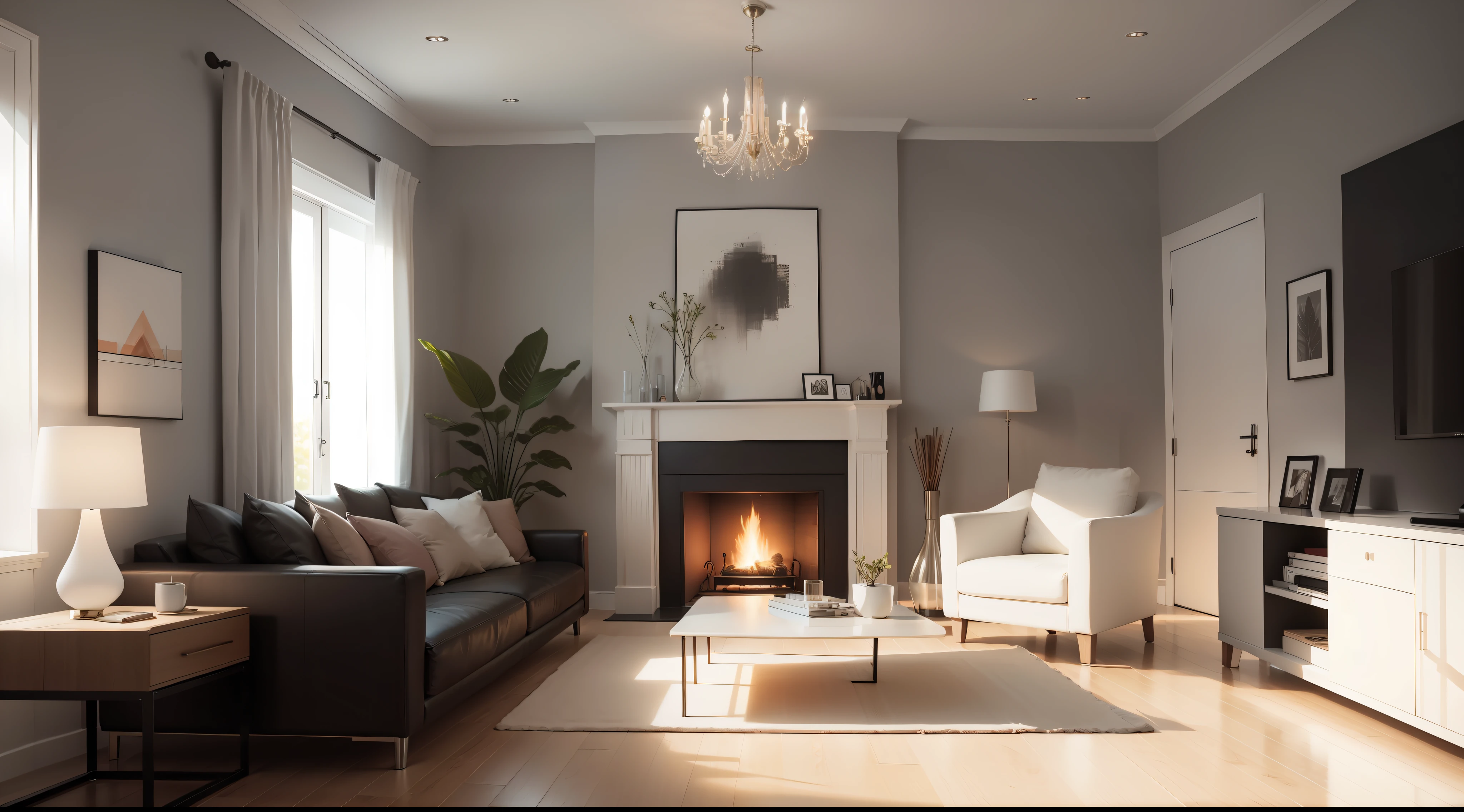 a modern room with a fireolace on with furnitures around with a light palete of color