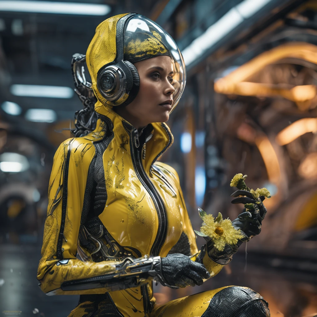 (professional 3d render:1.3) af (Realistic:1.3) most beautiful artwork photo in the world, woman wearing an ornate curved mask and yellow and black patterned and contoured organic costume with glass dome visor in the pouring rain, wet textures, water droplets, organic flowers and plants, dynamic glamor pose holding exquisite engraved space gun, alien woman, as a futuristic heroine, vespertine, futuristic clothing and glass, movie still, fashionable futuristic woman, H.R.Giger, Simon Stalenhag, female alien, alien girl, of a futuristic woman selk'nam. avante garde design stylings inspired by yellow and black squares and curves(Intricate:1.4), decadent, (Highly detailed:1.4), Digital painting, rendering by octane, art stations, concept-art, smooth, Sharp focus, illustration, Art germ, (loish:0.23), wlop ilya kuvshinov, and greg rutkowski and alphonse mucha gracias, (Global illumination, Studio light, volumettic light), heavy rain, particles floating, lotr, fantasy, elf, full body, ((Dark and ancient city background:1.3)),CGSesociety,art stations
