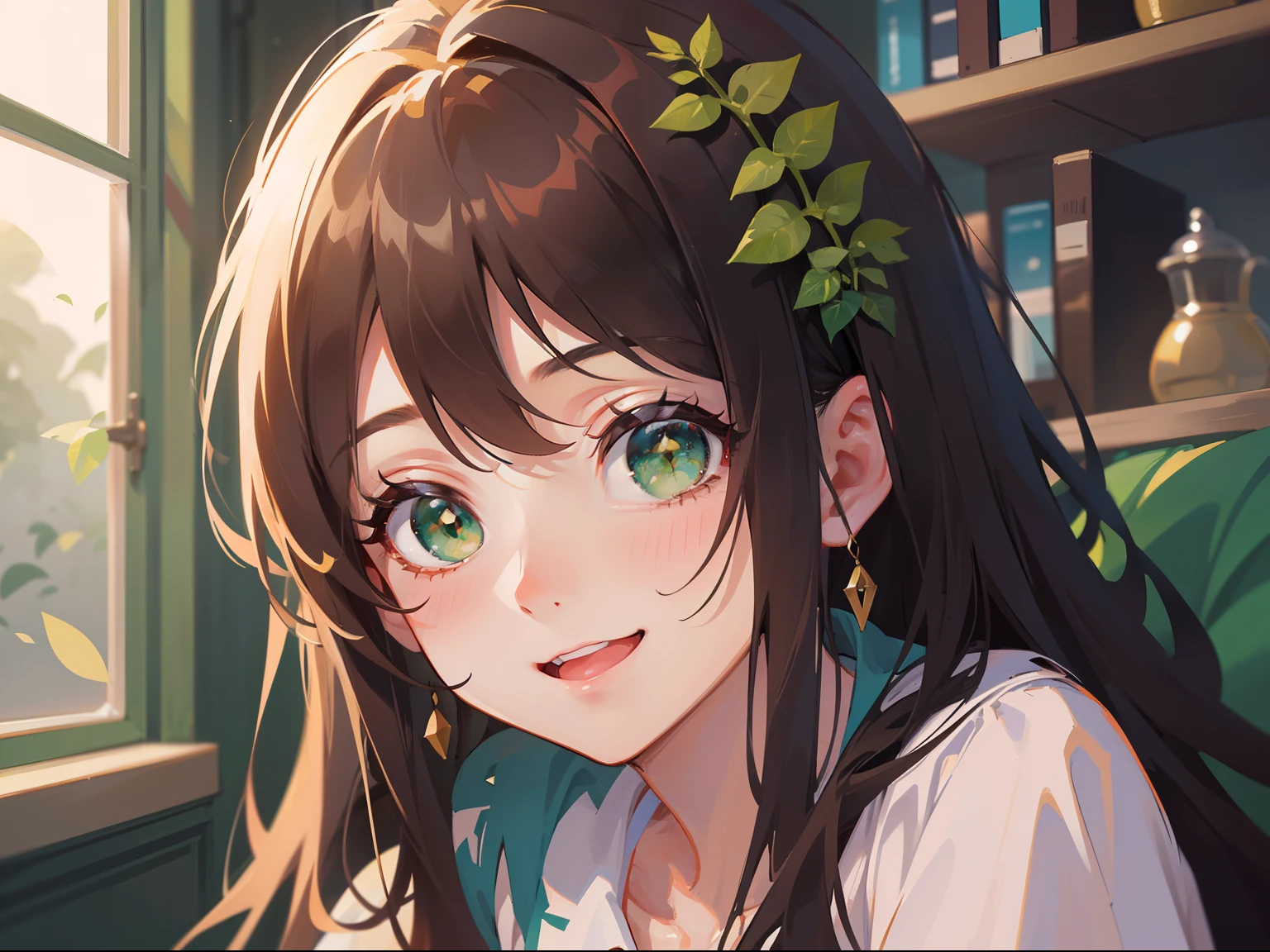 (masterpiece), (best quality), ultra high res, sharp focus, ((1 woman, solo)), upper body, dutch shot, beautiful detailed hair, chestnut brown hair, long hair tumbles down, beautiful detailed face, ((beautiful shape eyes, green eyes)), perfect feminine face, based on goddess Psyche, smiles at the viewer