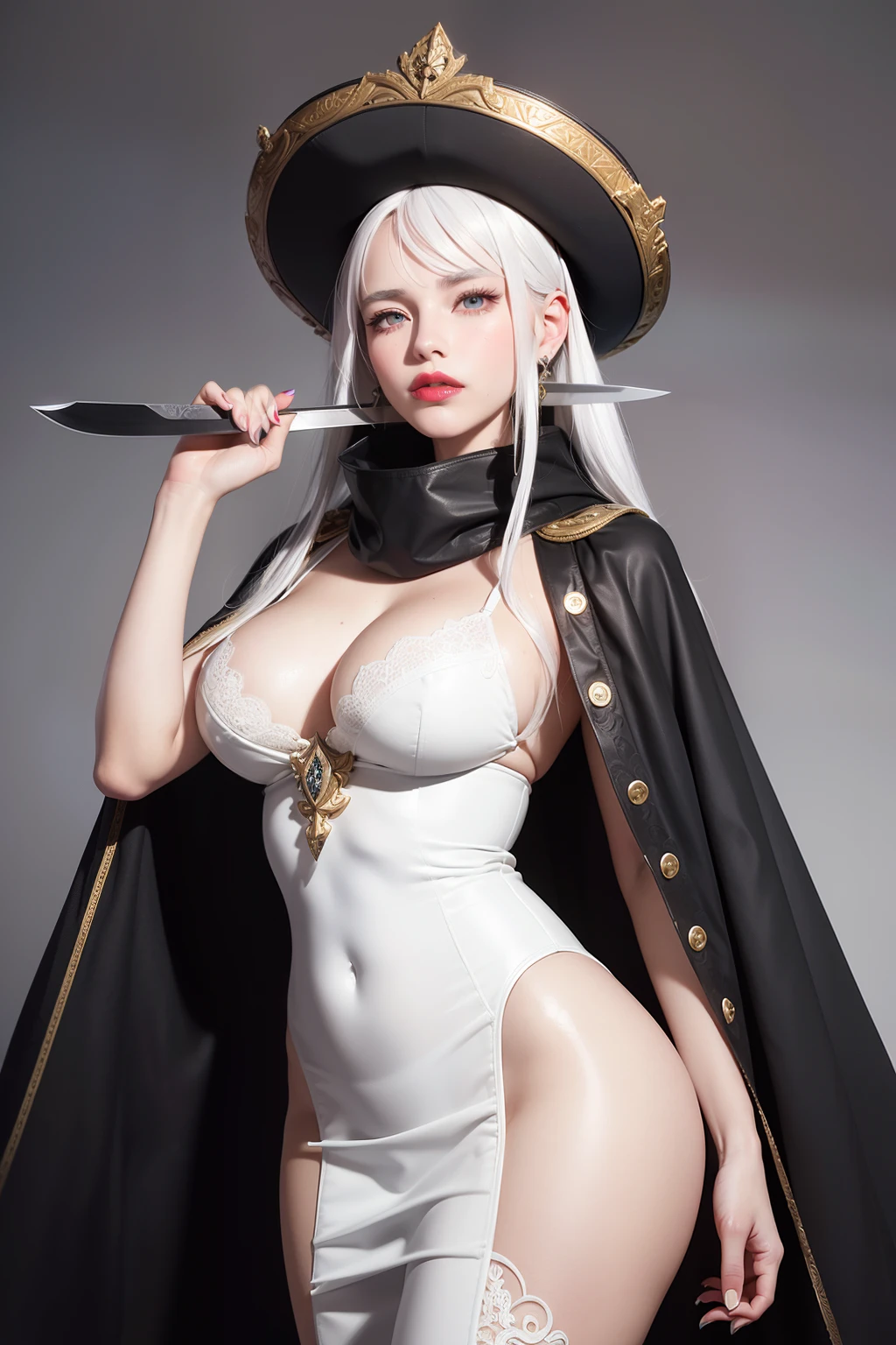 (((Saint Seya style aesthetic))) (Masterpiece) realistic big bust to the pelvic area ((beauty shape)) of a beauty hyperrealist & photorealist beauty young astonishing girl in cropped white & black dress (((from 18th century))) highly & extremely detailed with cape & scarf (masterpiece), (((holding two blade))), Unity 8k, pearly perfect wet skin with pores (((white hair & crocked hat from 18th century))) ((perfect face shapes, complete perfect red lips, perfect nose, correct beautiful eyes, eyelashes, detailed intricate iris textured face in ZBrush)), Ultra HD, vines, (((cold colores illumination))), developed by Unreal Engine 5, Ultra Sharp Focus, Art by Alberto Seveso, Sci-Fi, vibrant & intricate Artwork, golden Ratio, epic