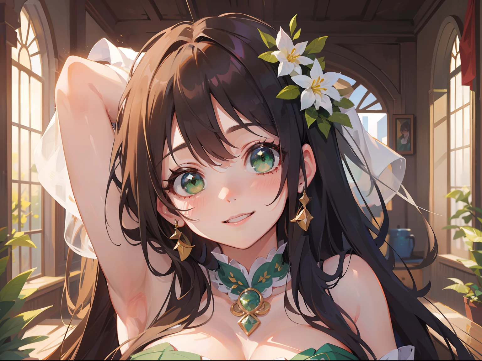 (masterpiece), (best quality), ultra high res, sharp focus, ((1 woman, solo)), upper body, dutch angle, beautiful detailed hair, chestnut brown hair, long hair flowing up, beautiful detailed face, ((beautiful shape eyes, green eyes)), comfortable face, perfect feminine face, in the outdoor Jacuzzi, smiles at the viewer