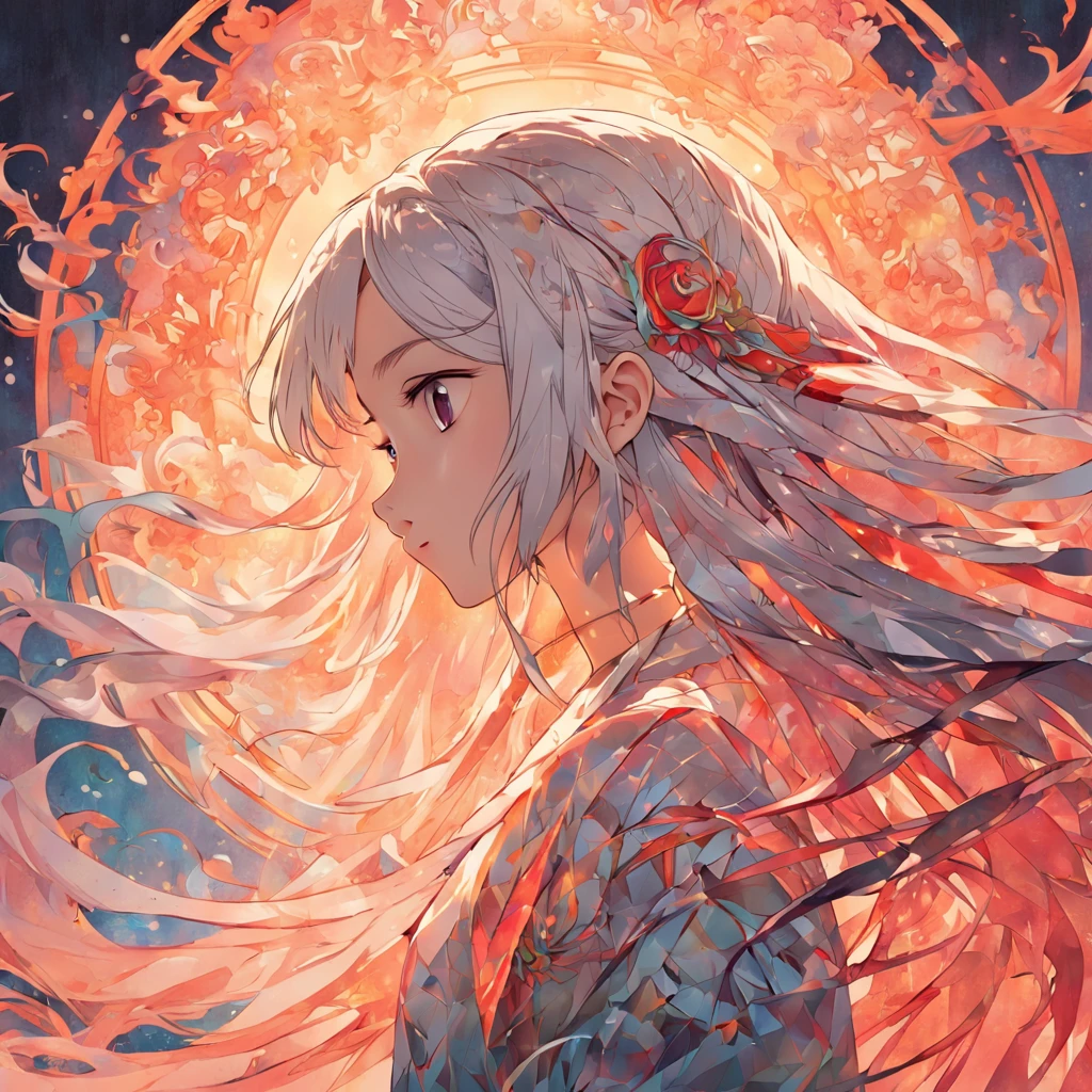 (White background:1.4),(Silhouette of a girl's head, Eyes closed, colorfull long hair, Oriental elements)，(Chinese illustration:1.3，paper art:1.3, Quilted paper art:1.2),( reasonable design, Clear lines, High sharpness,Best quality, Very detailed, Masterpiece, movie light effect, 4K )
