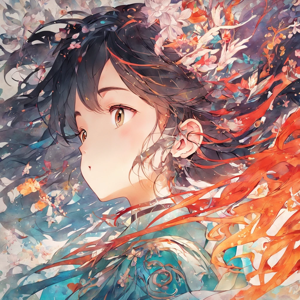 (White background:1.4),(Silhouette of a girl's head, Eyes closed, colorfull long hair, Oriental elements)，(Chinese illustration:1.3，paper art:1.3, Quilted paper art:1.2),( reasonable design, Clear lines, High sharpness,Best quality, Very detailed, Masterpiece, movie light effect, 4K )