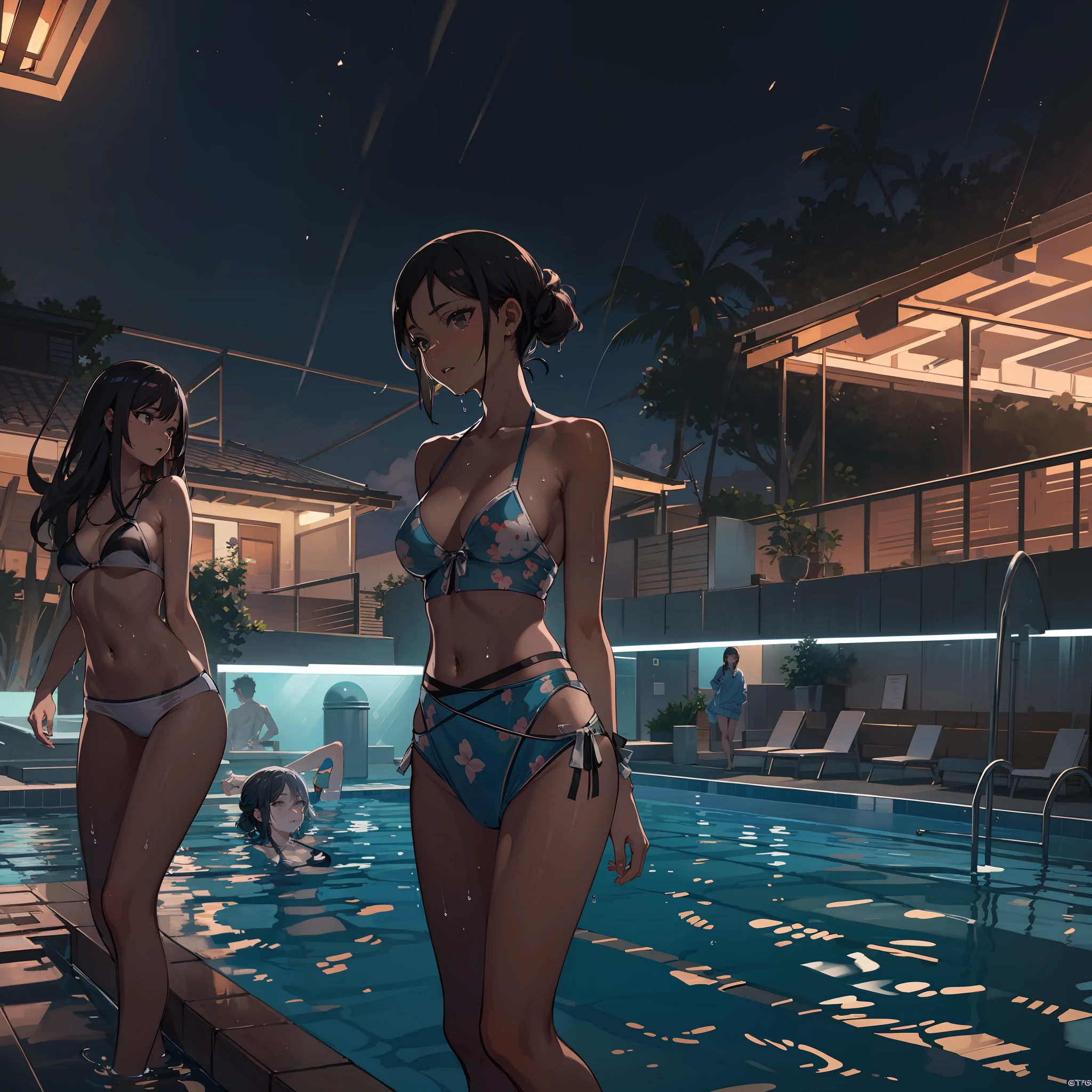 Wearing sweat,dutch angle shot,ground-level shot,low angle,full body shot,medium shot:1.8,Mid summer,The bikini,Night Pool:1.8,jumping into the pool,Blowing in the wind,Wet hair,2 girls in , (Raw photo: 1.2), (Realism: 1.4), (masutepiece: 1.3), (exquisite detailing: 1.2), kiss,Delicate and beautiful details, (Eye Detail), (Facial Detailed), (Highest Quality) :1.4), (Hyper-Resolution: 1.2), cinematric light, (very detailed illustration), Best Quality,depth of fields, Wide light, natural shadows