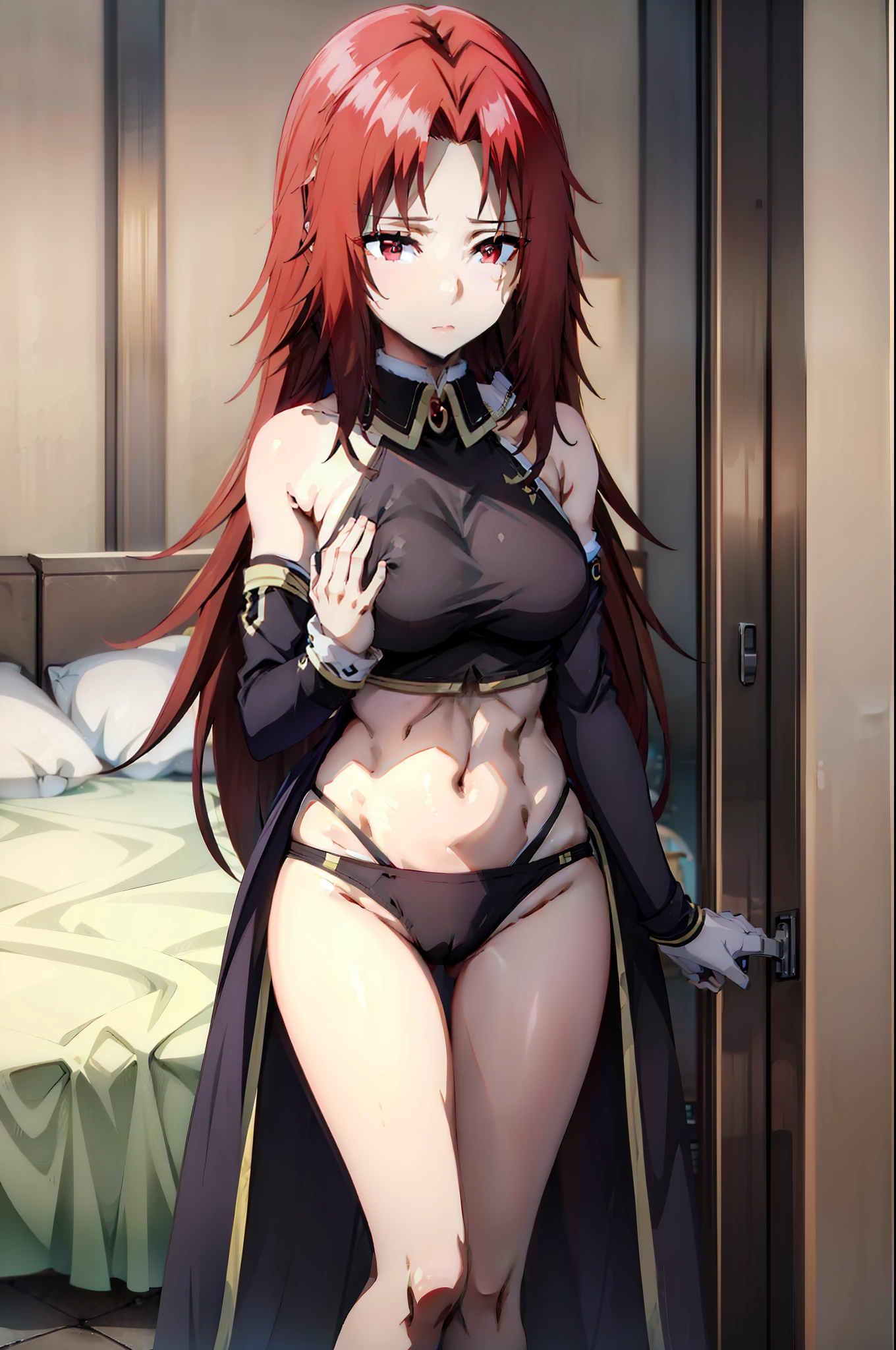 senna 1girl, 1boy, thigh sex, , crop top, highleg panties, mature male, grabbing, hug from behind,, masterpiece, best quality, highly detailed,red eyes,