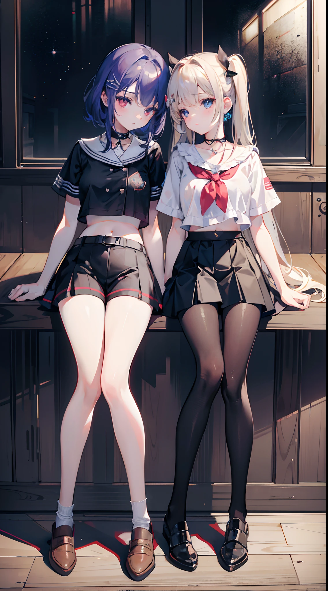 ,twins, Masterpiece,Best quality,offcial art,Extremely detailed Cg Unity 8K wallpaper, 2girls, cute female child, Yuri, hair adornments, Short shorts, Crop top, Pantyhose, ribbon_choker necklace, leg belt,