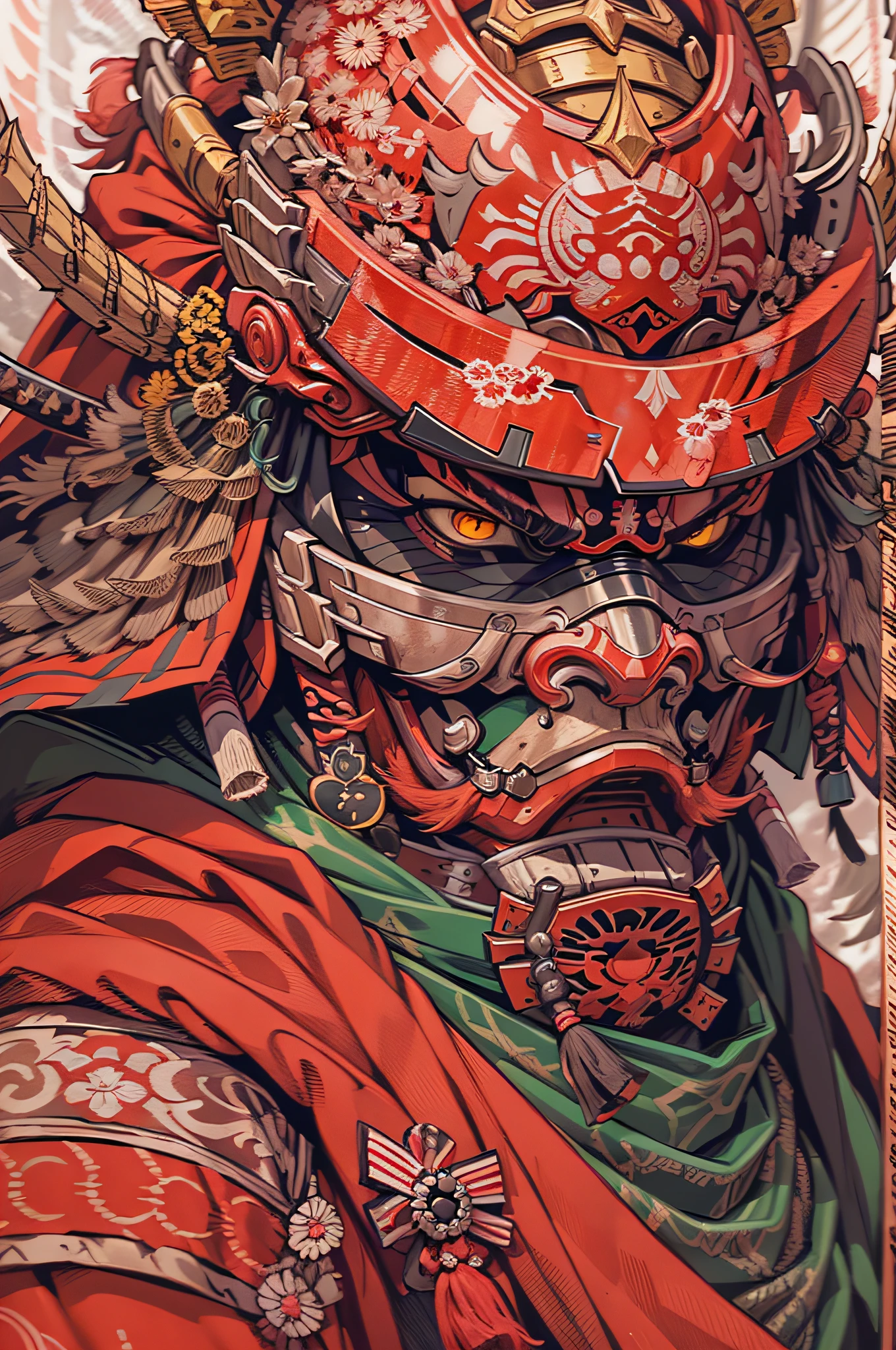 Samurai, red helmet, Mask in the mouth, Visible eyes, Detailed face and helmet, closeup of face, illustration, In front of an audience, tmasterpiece,highly detailed.