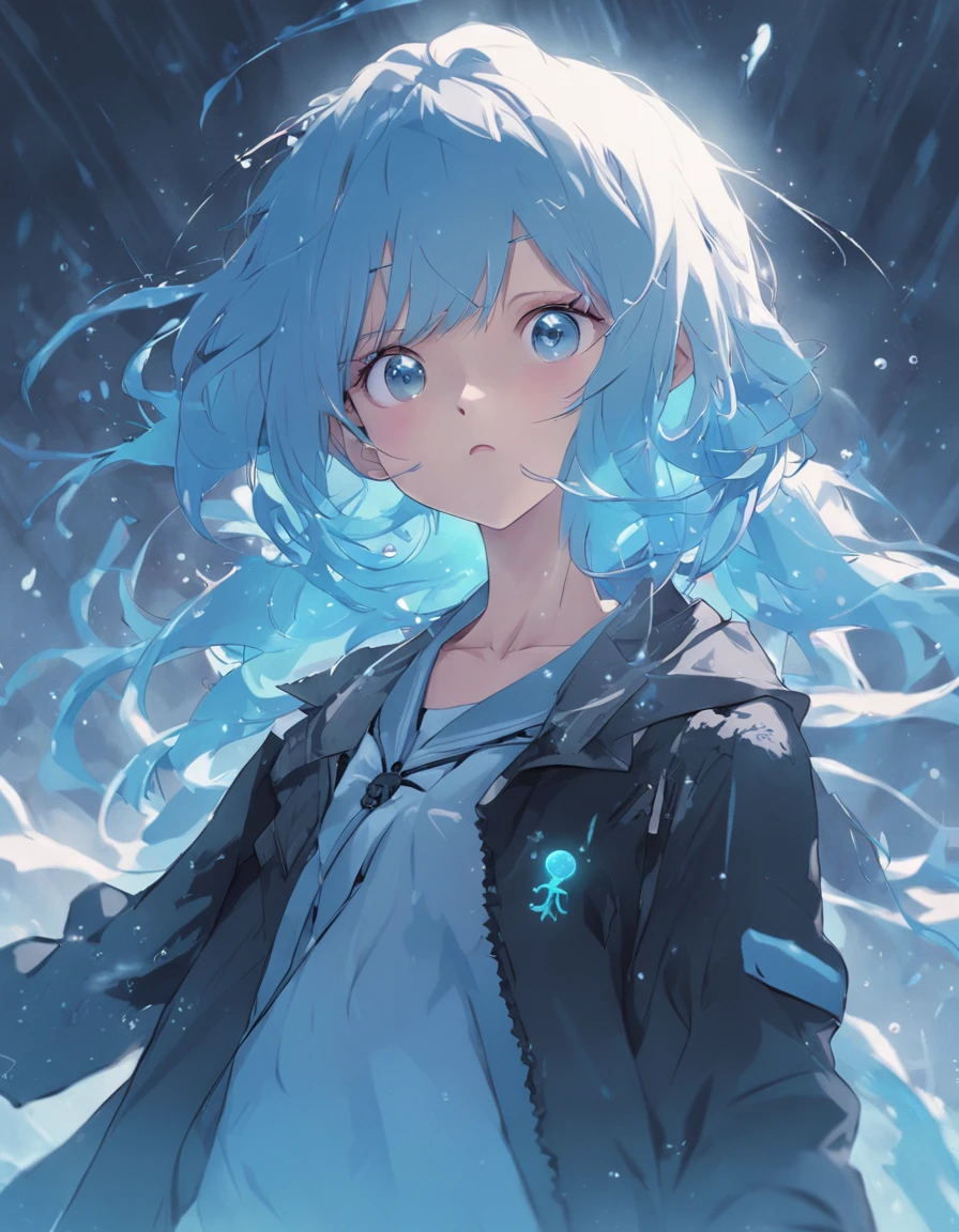 ((top-quality)), ((masterpiece)), ((ultra-detailliert)), (extremely delicate and beautiful), girl with, 独奏, cold attitude,((Black jacket)),She is very(relax)with the(Settled down)Looks,A dark-haired, depth of fields,evil smile,Bubble, under the water, Air bubble,bright light blue eyes,Inner color with light blue hair and dark blue tips,Cold background,Bob Hair - Linear Art, shortpants、knee high socks、White uniform like school uniform、Light blue ribbon ties、Clothes are sheer、Hands in pockets