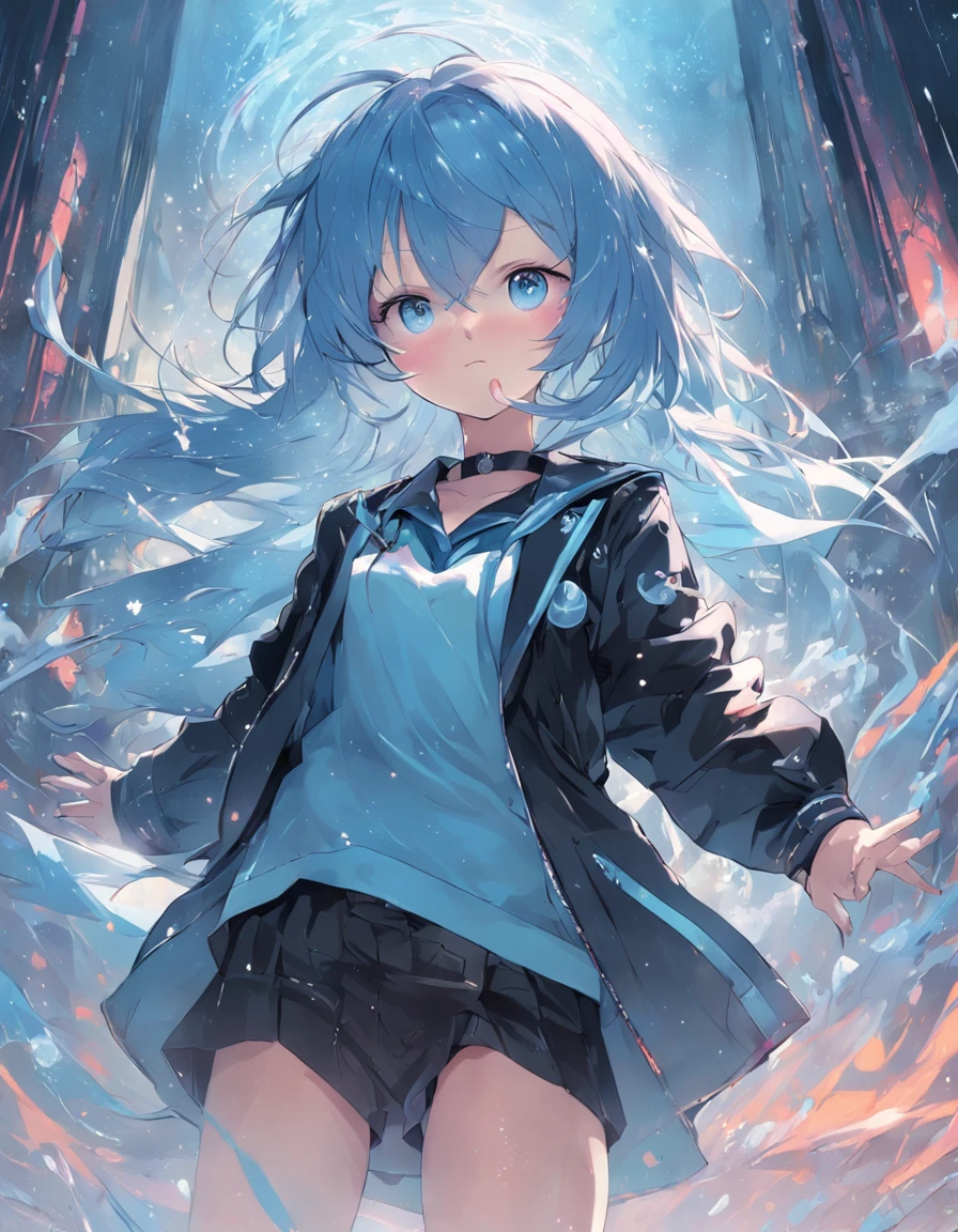 ((top-quality)), ((​masterpiece)), ((ultra-detailliert)), (extremely delicate and beautiful), girl with, 独奏, cold attitude,((Black jacket)),She is very(relax)with  the(Settled down)Looks,A dark-haired, depth of fields,evil smile,Bubble, under the water, Air bubble,bright light blue eyes,Inner color with light blue hair and dark blue tips,Cold background,Bob Hair - Linear Art, shortpants、knee high socks、White uniform like school uniform、Light blue ribbon ties、Clothes are sheer、Hands in pockets