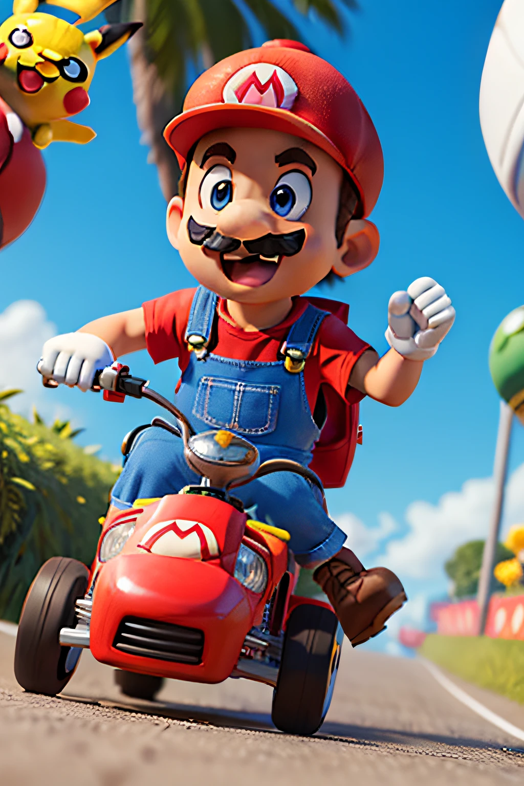 pokemon theme, Pikachu wearing Mario's overalls and hat in a kart race, dynamic action, vibrant colors)