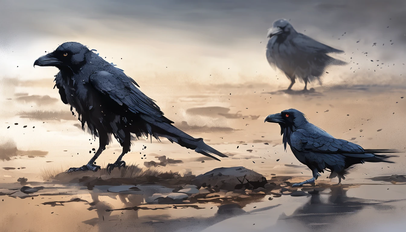 Two crows on a dead tree, A shadow shaped like a walker, Starry night, Thick fog on the ground, Blue light on the horizon, Unreal Engine 5, Cinematic, low angle photography, Motion blur, Depth of field, Dust, Cobblestones and dirt. Splash Art, dripping paint. Perfect color grading. Influenced by Karel Appel and Jeremy Mann, Full of dramatic and threatening scenes, Hyper-detailed, Beautiful, insanely details, Intricate details, editorial photography, shot with a 50mm lens, Depth of field, Tilt Blur, Shutter speed 1/1000, f/22. Lightmaps, Super bright